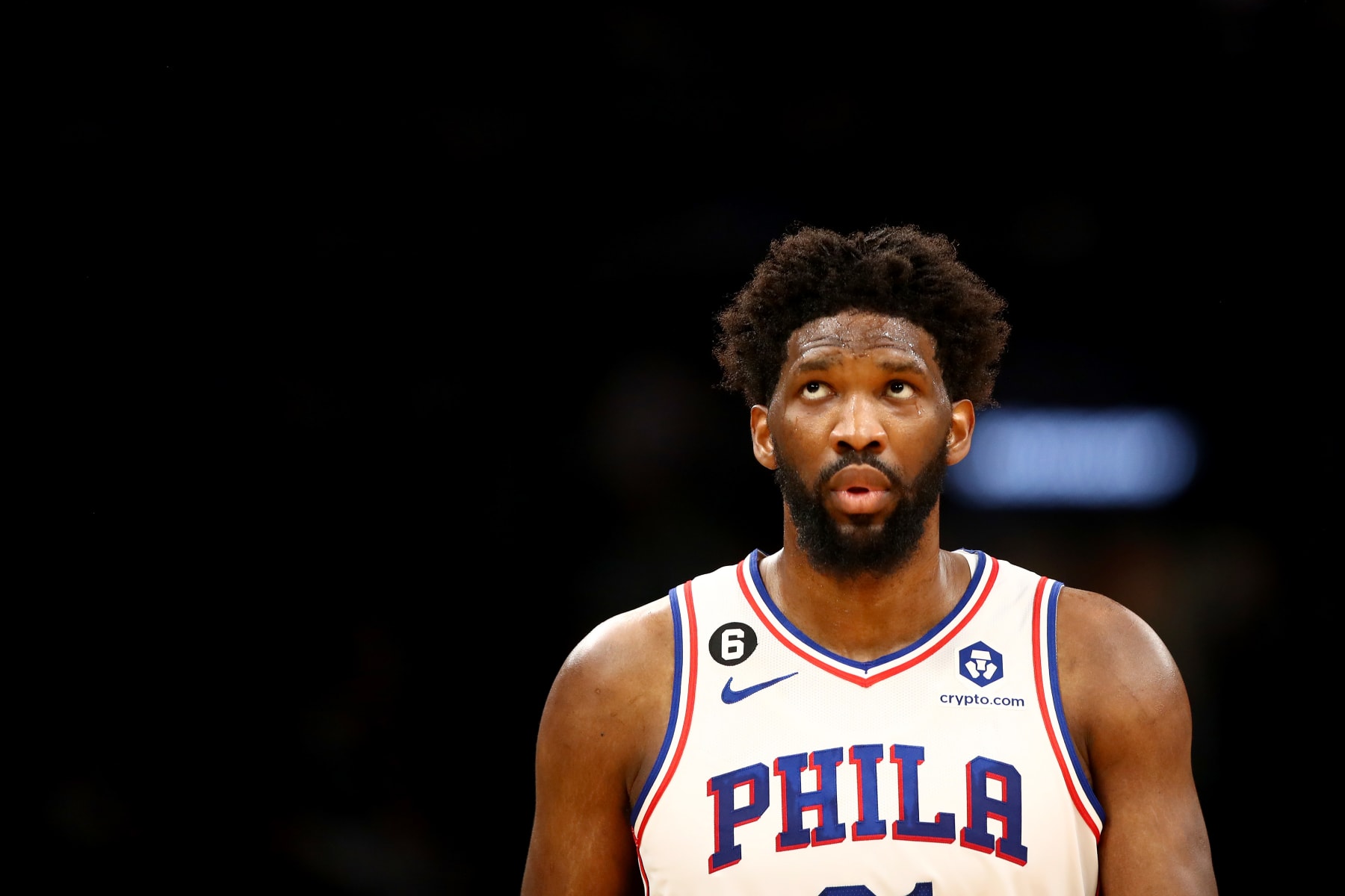 BOSTON, MASSACHUSETTS - MAY 14: Joel Embiid #21 of the Philadelphia 76ers looks on against the Boston Celtics during the third quarter in game seven of the 2023 NBA Playoffs Eastern Conference Semifinals at TD Garden on May 14, 2023 in Boston, Massachusetts. NOTE TO USER: User expressly acknowledges and agrees that, by downloading and or using this photograph, User is consenting to the terms and conditions of the Getty Images License Agreement. (Photo by Adam Glanzman/Getty Images)