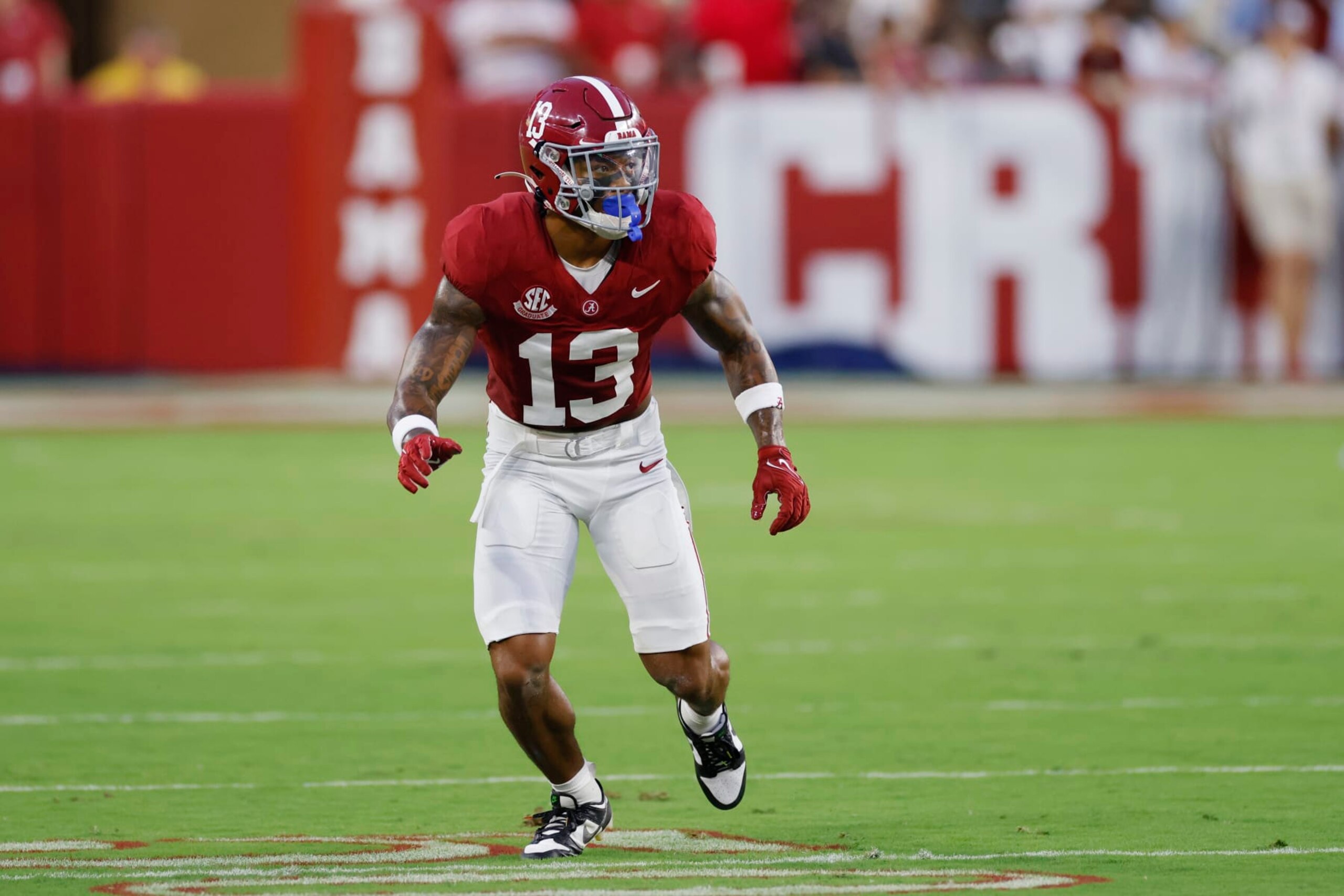 TUSCALOOSA, AL - SEPTEMBER 02: Alabama Crimson Tide defensive back Malachi Moore (13) lines up on defense during a college football game against the Middle Tennessee Blue Raiders on September 02, 2023 at Bryant-Denny Stadium in Tuscaloosa, Alabama. (Photo by Joe Robbins/Icon Sportswire via Getty Images)