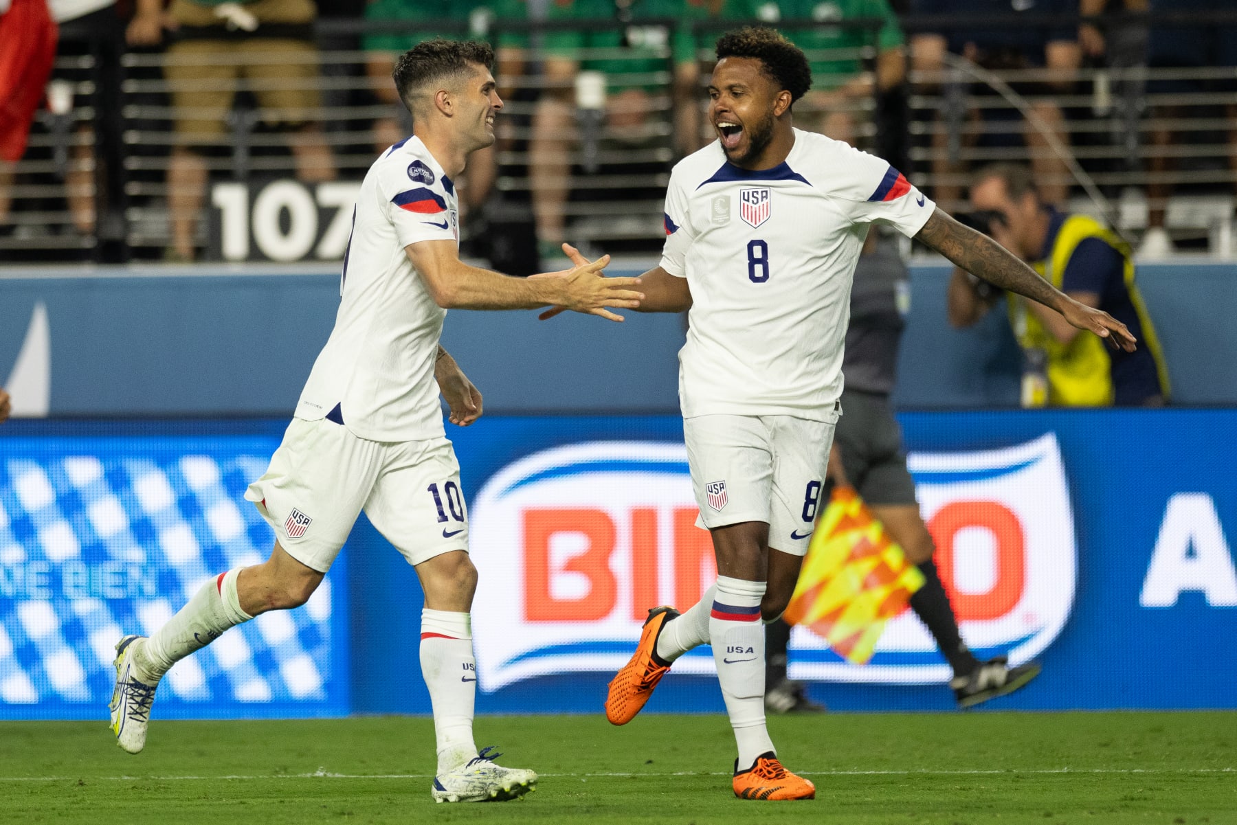 LAS VEGAS, NV - JUNE 15: Christian Pulisic #10 Weston McKennie #8 of the United States celebrates the goal  during a game between Mexico and USMNT at  Allegiant Stadium    on June 15, 2023 in  Las Vegas, Nevada. (Photo by John Dorton/USSF/Getty Images for USSF)