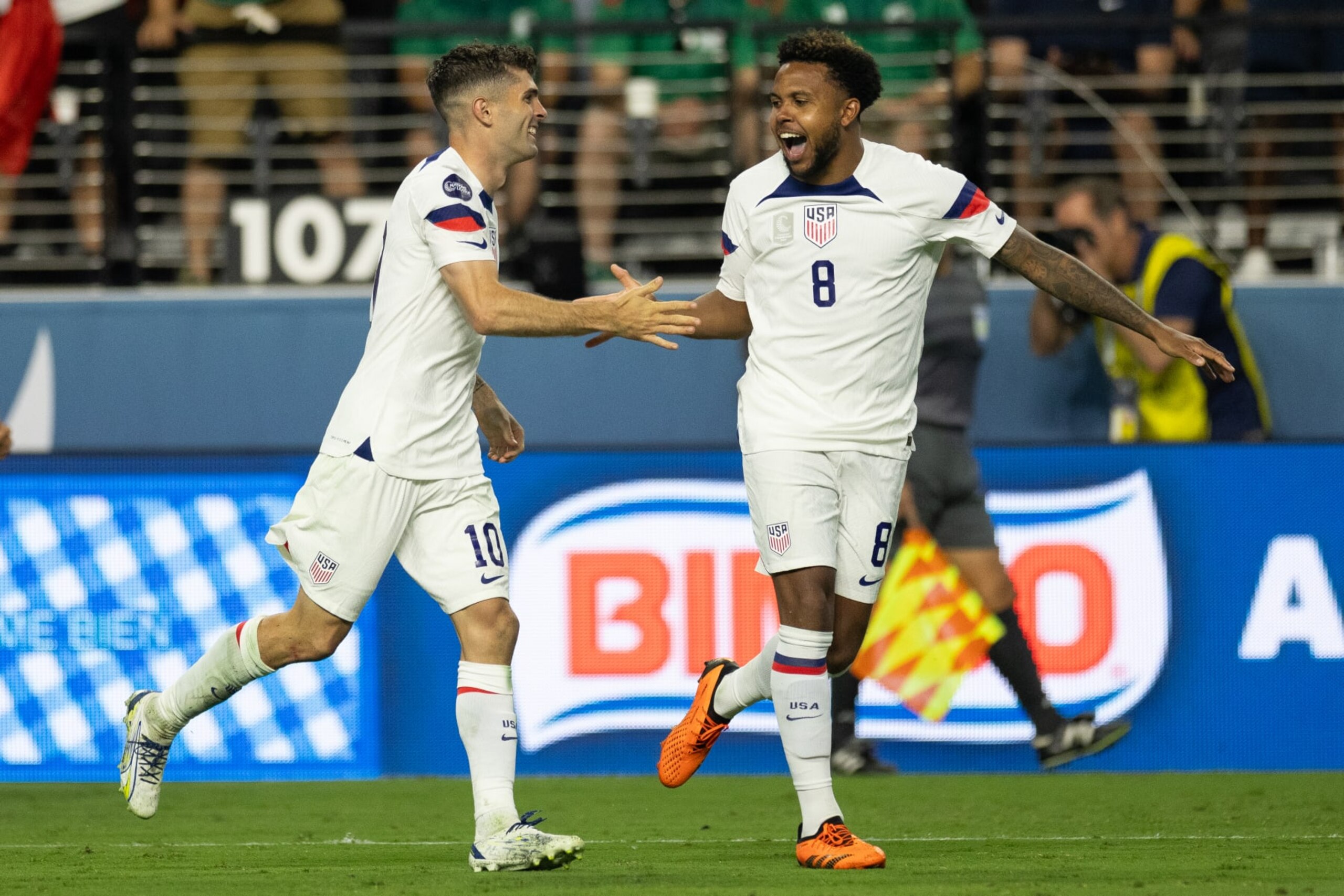 LAS VEGAS, NV - JUNE 15: Christian Pulisic #10 Weston McKennie #8 of the United States celebrates the goal  during a game between Mexico and USMNT at  Allegiant Stadium    on June 15, 2023 in  Las Vegas, Nevada. (Photo by John Dorton/USSF/Getty Images for USSF)