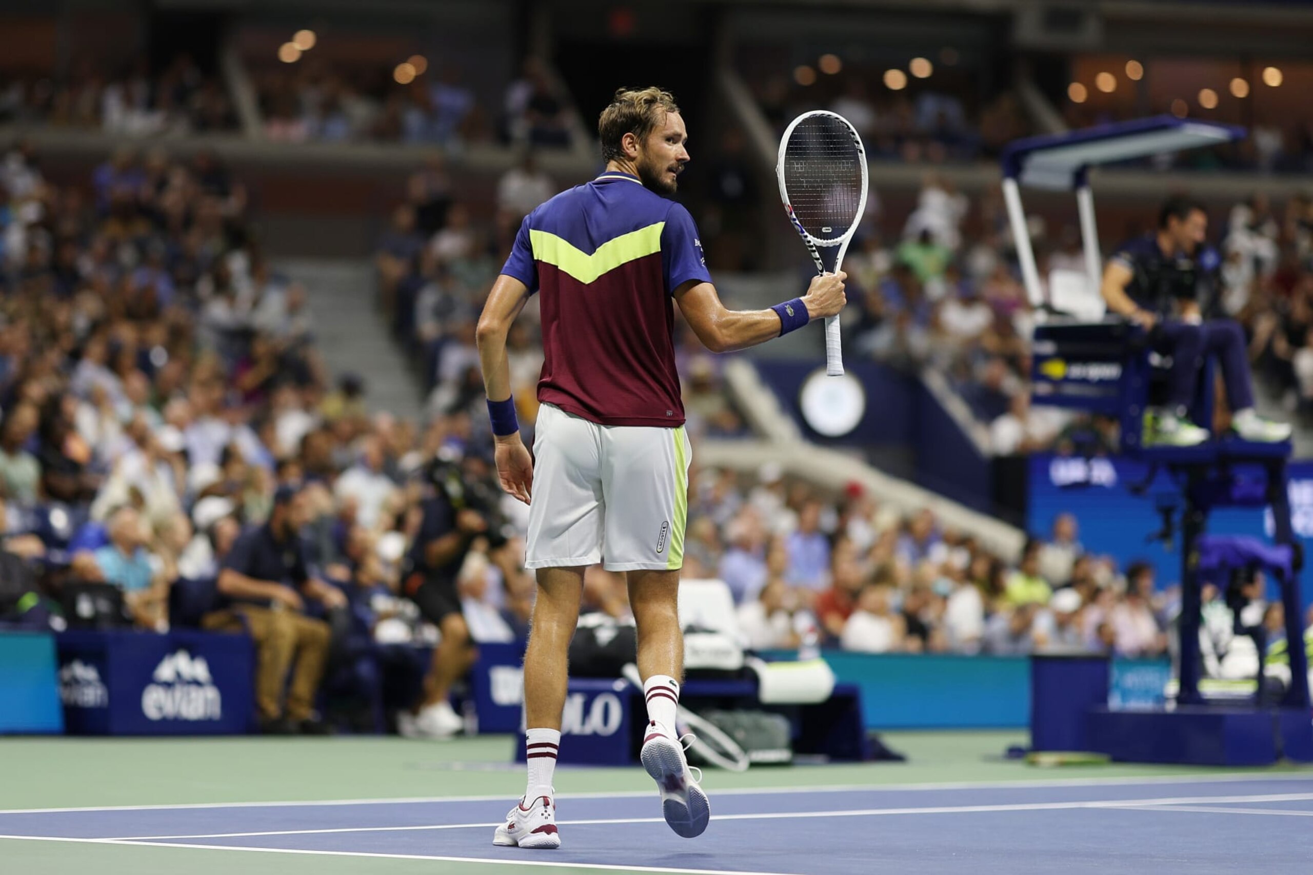 NEW YORK, NEW YORK - SEPTEMBER 08: Daniil Medvedev of Russia reacts after a point against Carlos Alcaraz of Spain during their Men's Singles Semifinal match on Day Twelve of the 2023 US Open at the USTA Billie Jean King National Tennis Center on September 08, 2023 in the Flushing neighborhood of the Queens borough of New York City. (Photo by Elsa/Getty Images)