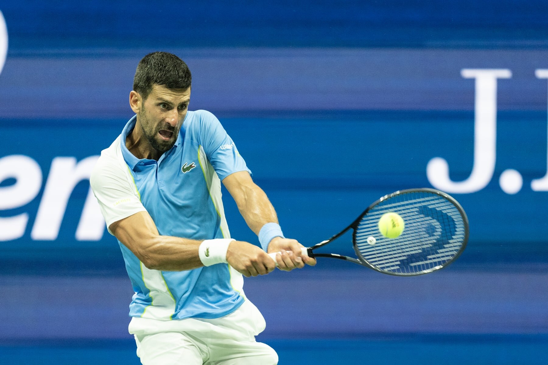 NEW YORK, USA - SEPTEMBER 08: Novak Djokovic of Serbia returns ball during semifinal round against Ben Shelton of USA at the US Open Championships at Billie Jean King Tennis Center in New York on September 8, 2023. Djokovic won in straight sets and progressed to the final. (Photo by Lev Radin/Anadolu Agency via Getty Images)