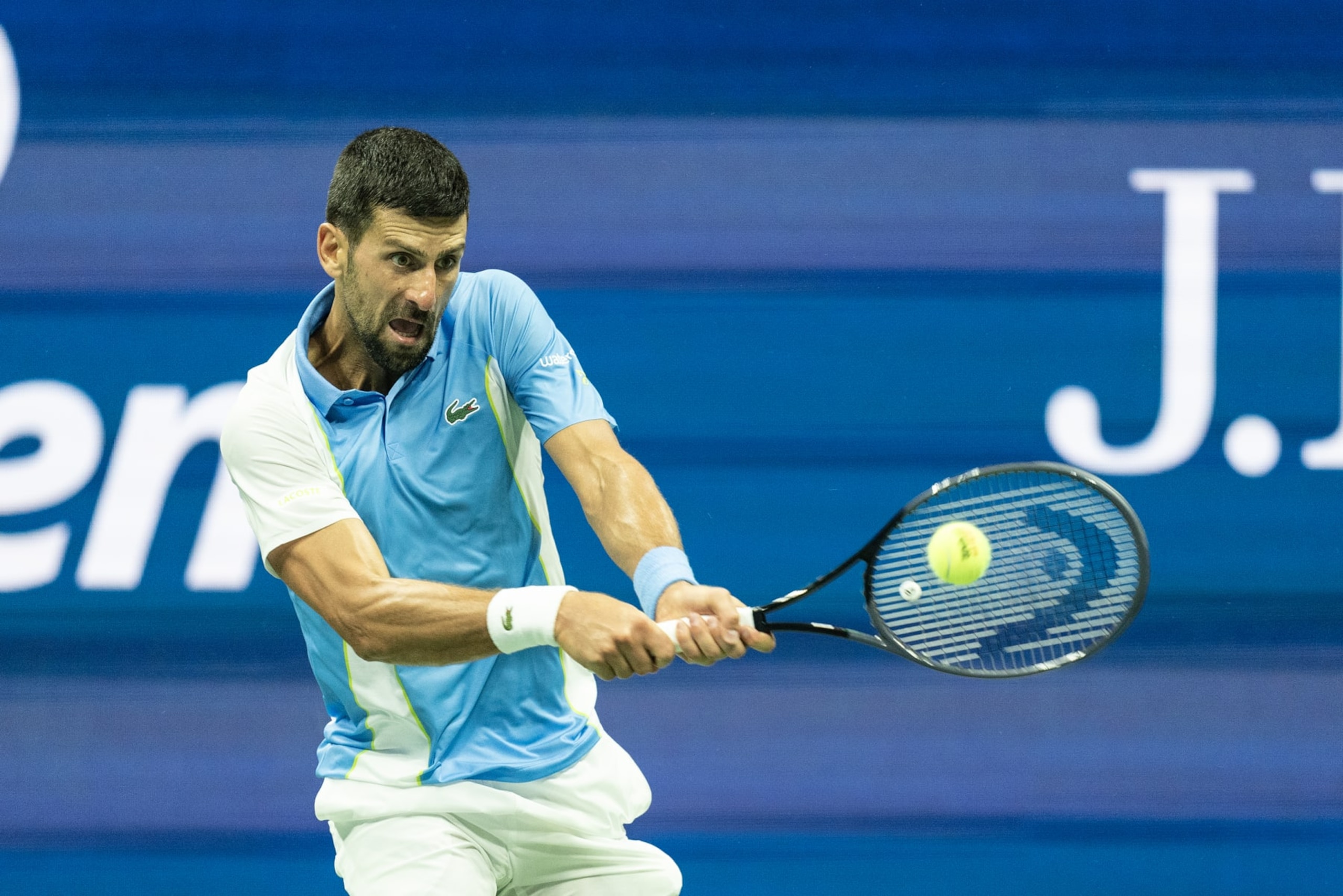 NEW YORK, USA - SEPTEMBER 08: Novak Djokovic of Serbia returns ball during semifinal round against Ben Shelton of USA at the US Open Championships at Billie Jean King Tennis Center in New York on September 8, 2023. Djokovic won in straight sets and progressed to the final. (Photo by Lev Radin/Anadolu Agency via Getty Images)