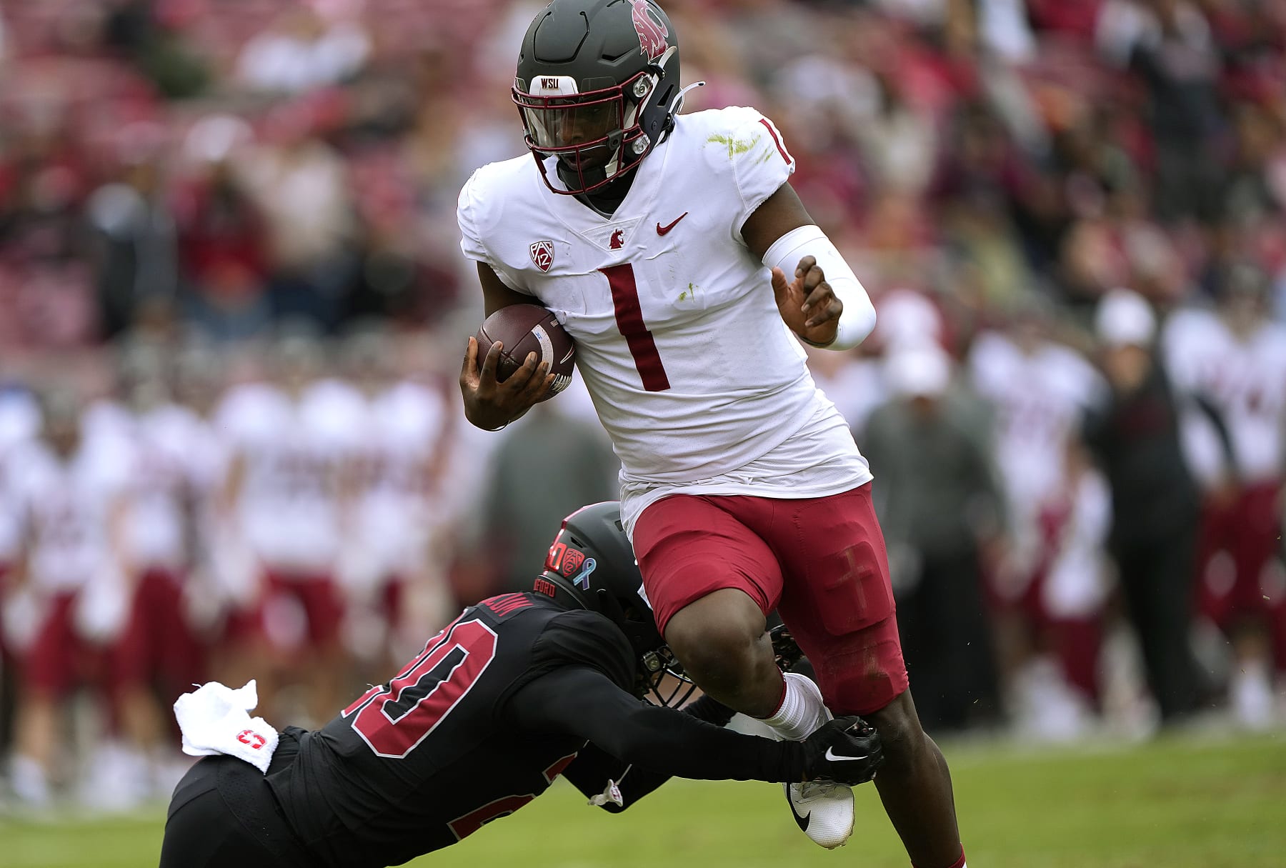STANFORD, CALIFORNIA - NOVEMBER 05: Cameron Ward #1 of the Washington State Cougars rushes with the ball for a 15 yard touchdown run against the Stanford Cardinal during the first quarter of an NCAA football game at Stanford Stadium on November 05, 2022 in Stanford, California. (Photo by Thearon W. Henderson/Getty Images)