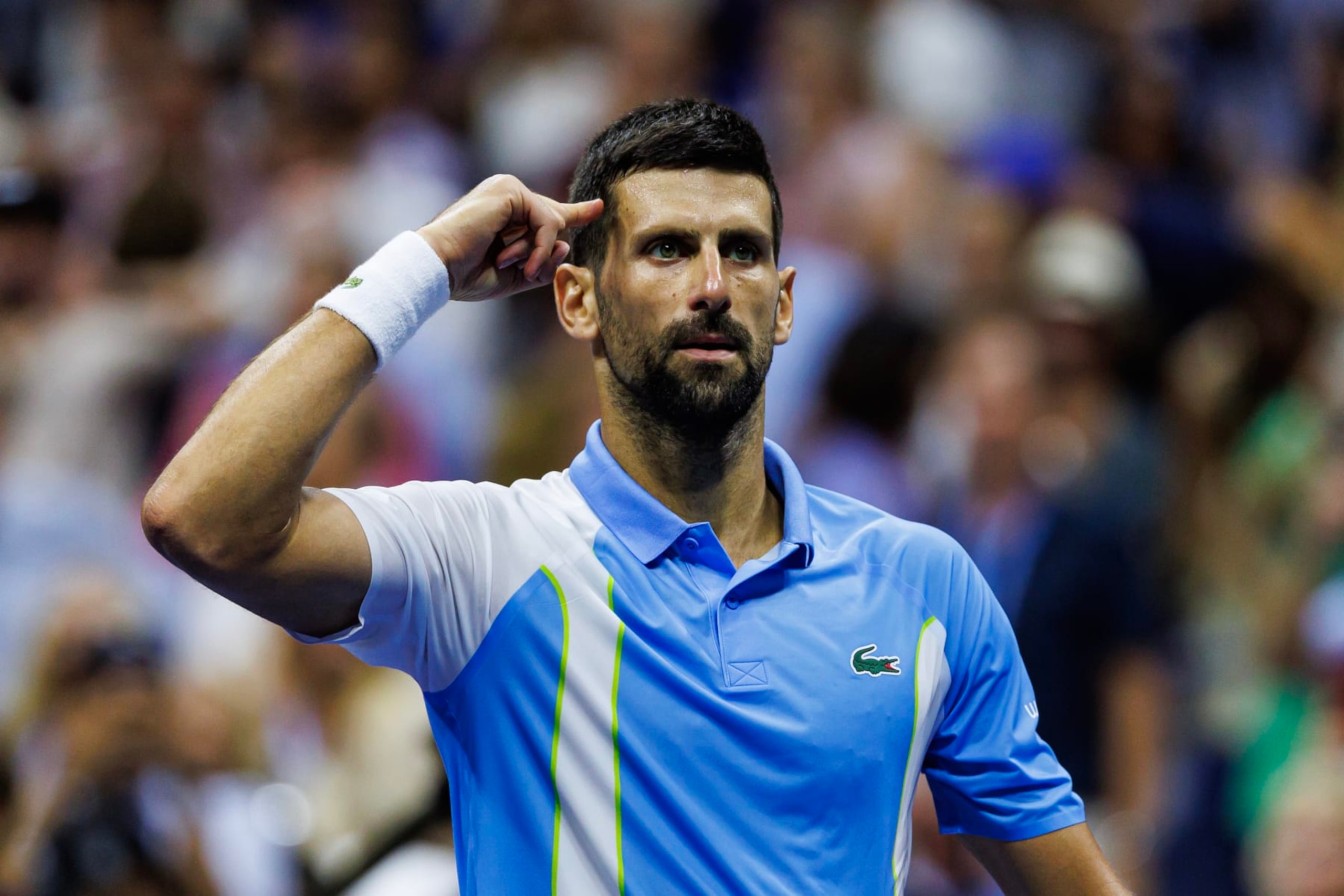 NEW YORK, NEW YORK - SEPTEMBER 08: Novak Djokovic of Serbia celebrates his victoryover against Ben Shelton of the United States during the semi-finals of the men's singles at the US Open at the USTA Billie Jean King National Tennis Center on September 08, 2023 in New York City. (Photo by Frey/TPN/Getty Images)