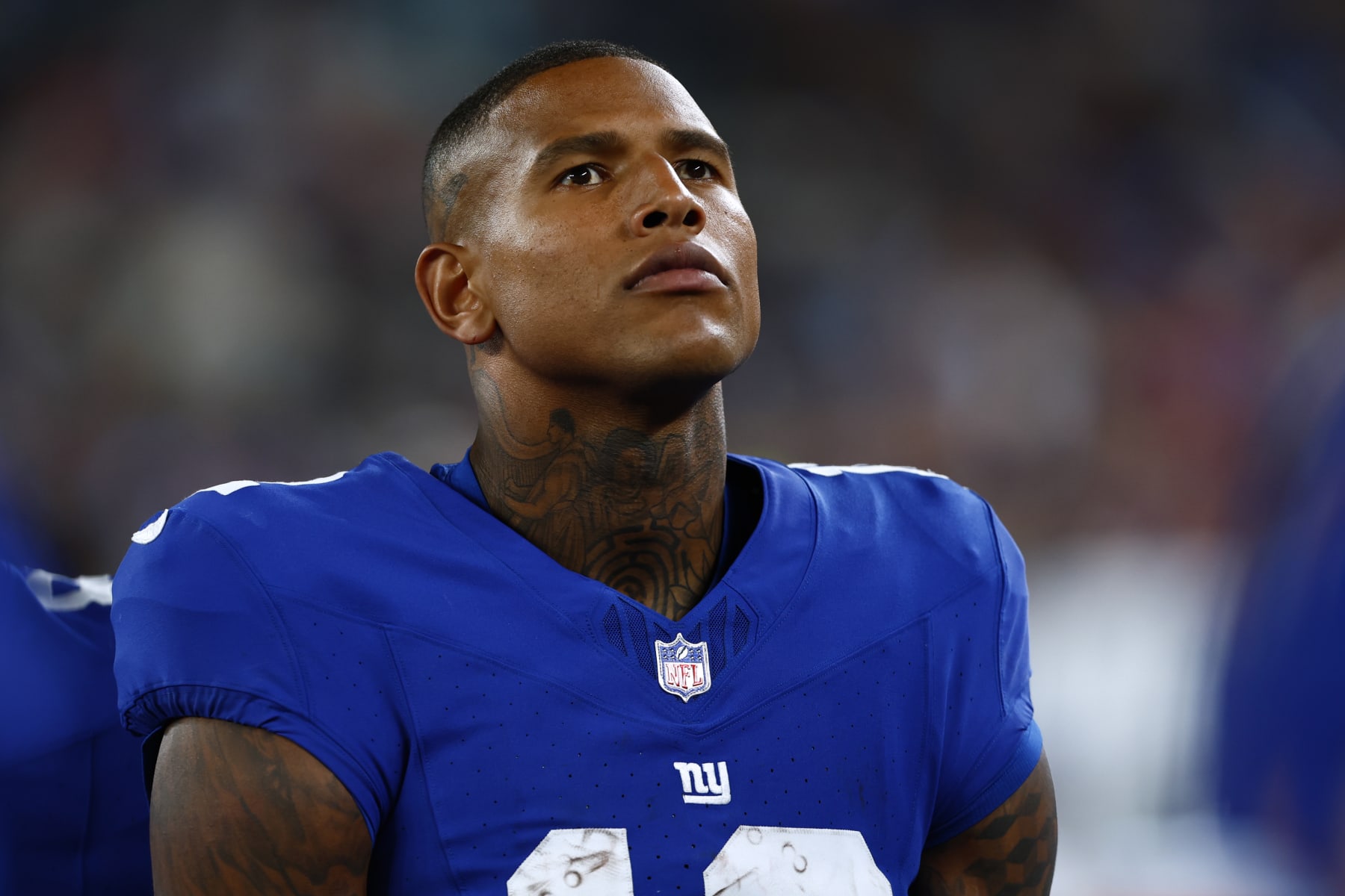 EAST RUTHERFORD, NEW JERSEY - AUGUST 18: Darren Waller #12 of the New York Giants on the sidelines during a pre-season football game against the Carolina Panthers at MetLife Stadium on August 18, 2023 in East Rutherford, New Jersey. (Photo by Rich Schultz/Getty Images)
