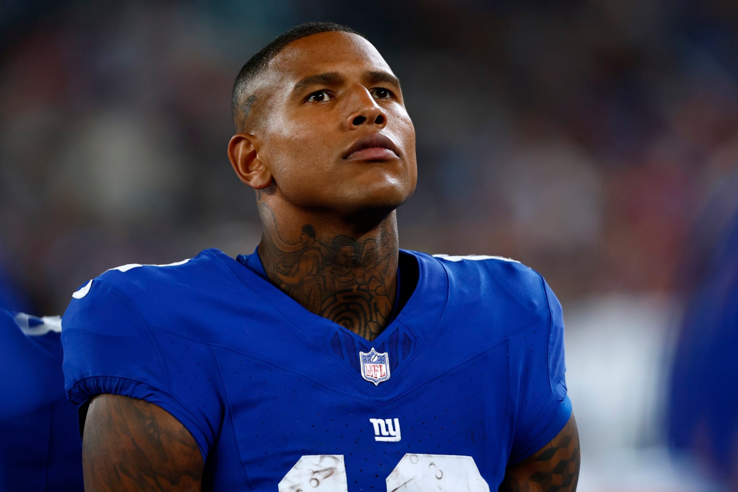 EAST RUTHERFORD, NEW JERSEY - AUGUST 18: Darren Waller #12 of the New York Giants on the sidelines during a pre-season football game against the Carolina Panthers at MetLife Stadium on August 18, 2023 in East Rutherford, New Jersey. (Photo by Rich Schultz/Getty Images)