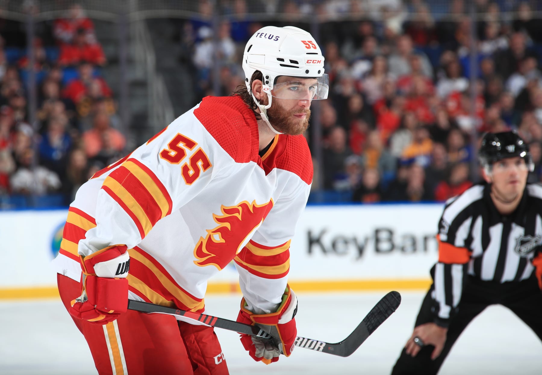BUFFALO, NY - FEBRUARY 11: Noah Hanifin #55 of the Calgary Flames prepares for a faceoff against the Buffalo Sabres during an NHL game on February 11, 2023 at KeyBank Center in Buffalo, New York. (Photo by Bill Wippert/NHLI via Getty Images)