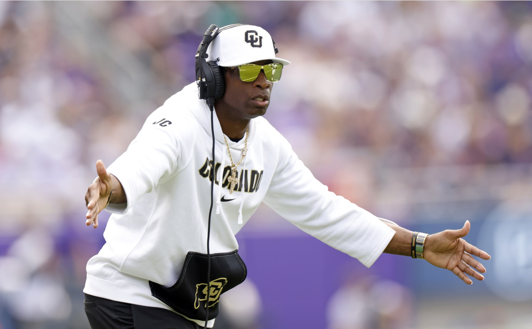 FORT WORTH, TX - SEPTEMBER 2: Head coach Deion Sanders of the Colorado Buffaloes celebrates a touchdown against the TCU Horned Frogs during the first half at Amon G. Carter Stadium on September 2, 2023 in Fort Worth, Texas. (Photo by Ron Jenkins/Getty Images)