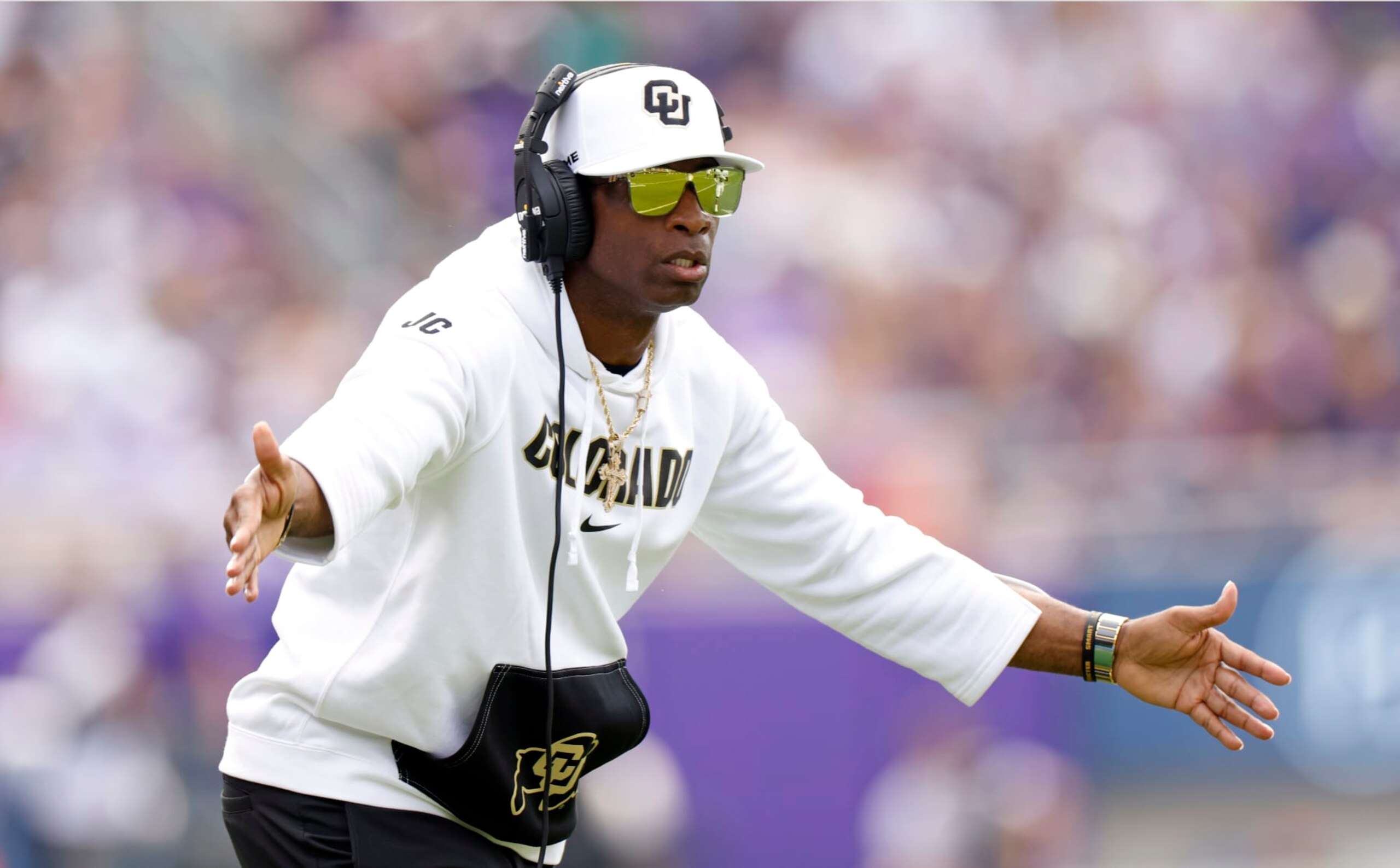 FORT WORTH, TX - SEPTEMBER 2: Head coach Deion Sanders of the Colorado Buffaloes celebrates a touchdown against the TCU Horned Frogs during the first half at Amon G. Carter Stadium on September 2, 2023 in Fort Worth, Texas. (Photo by Ron Jenkins/Getty Images)