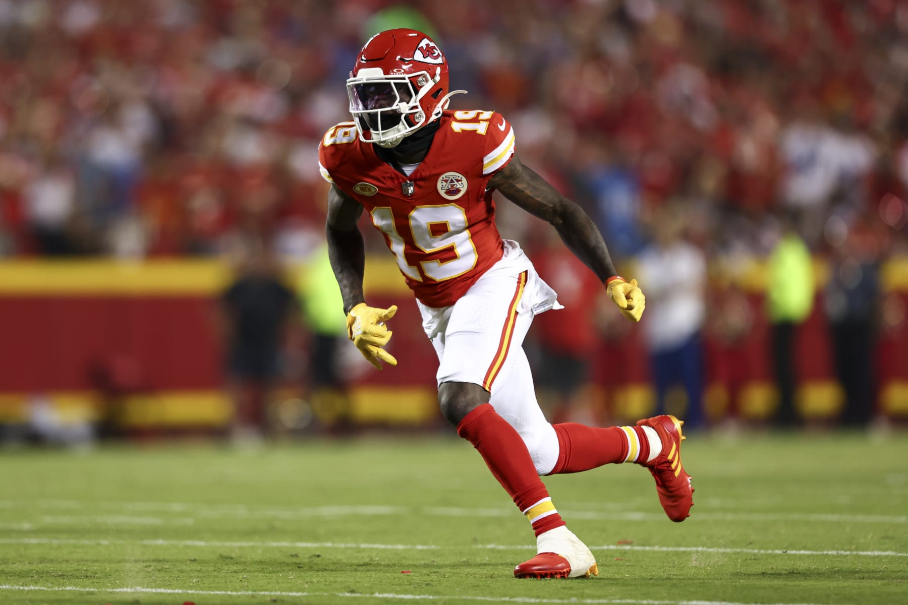 KANSAS CITY, MO - SEPTEMBER 7: Kadarius Toney #19 of the Kansas City Chiefs runs downfield during an NFL football game against the Detroit Lions at GEHA Field at Arrowhead Stadium on September 7, 2023 in Kansas City, Missouri. (Photo by Kevin Sabitus/Getty Images)
