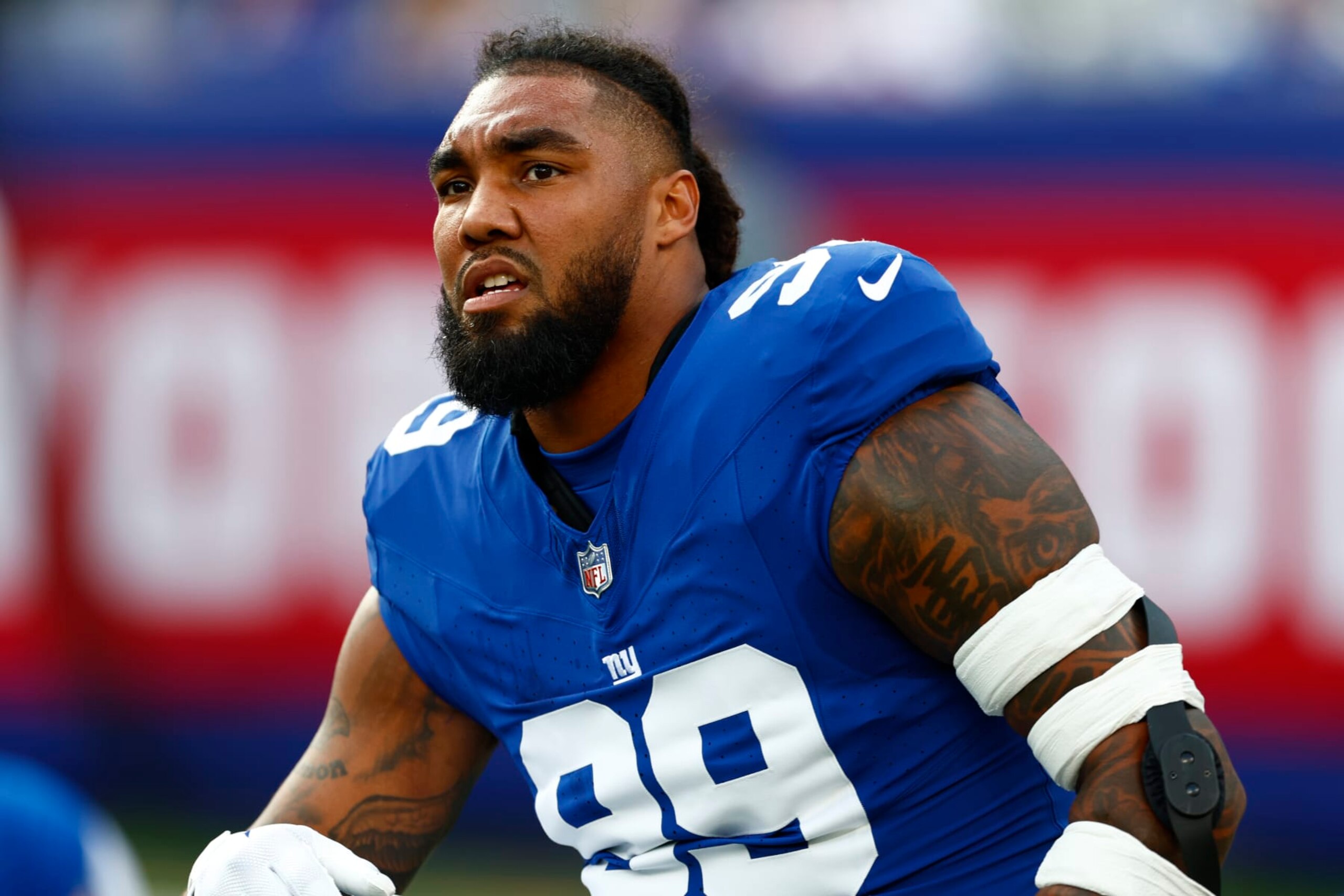EAST RUTHERFORD, NEW JERSEY - AUGUST 18: Leonard Williams #99 of the New York Giants during warm ups before a pre-season football game against the Carolina Panthers at MetLife Stadium on August 18, 2023 in East Rutherford, New Jersey. (Photo by Rich Schultz/Getty Images)