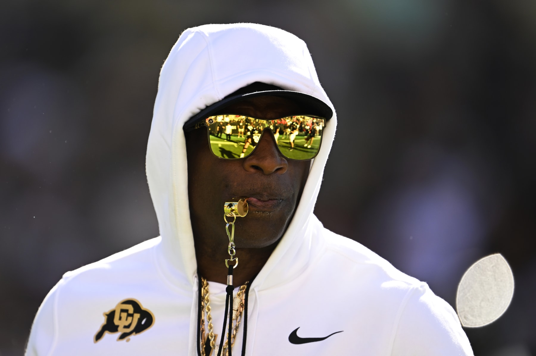 BOULDER, COLORADO - AUGUST 9: Head Coach Deion Sanders takes the field during warmups
at Folsom Field on September 9, 2023 in Boulder, Colorado. Coach Sanders will lead the Colorado Buffaloes in a matchup against their long-time rivals, the Nebraska Cornhuskers, during Coach Prime's highly anticipated home debut. (Photo by RJ Sangosti/MediaNews Group/The Denver Post via Getty Images)