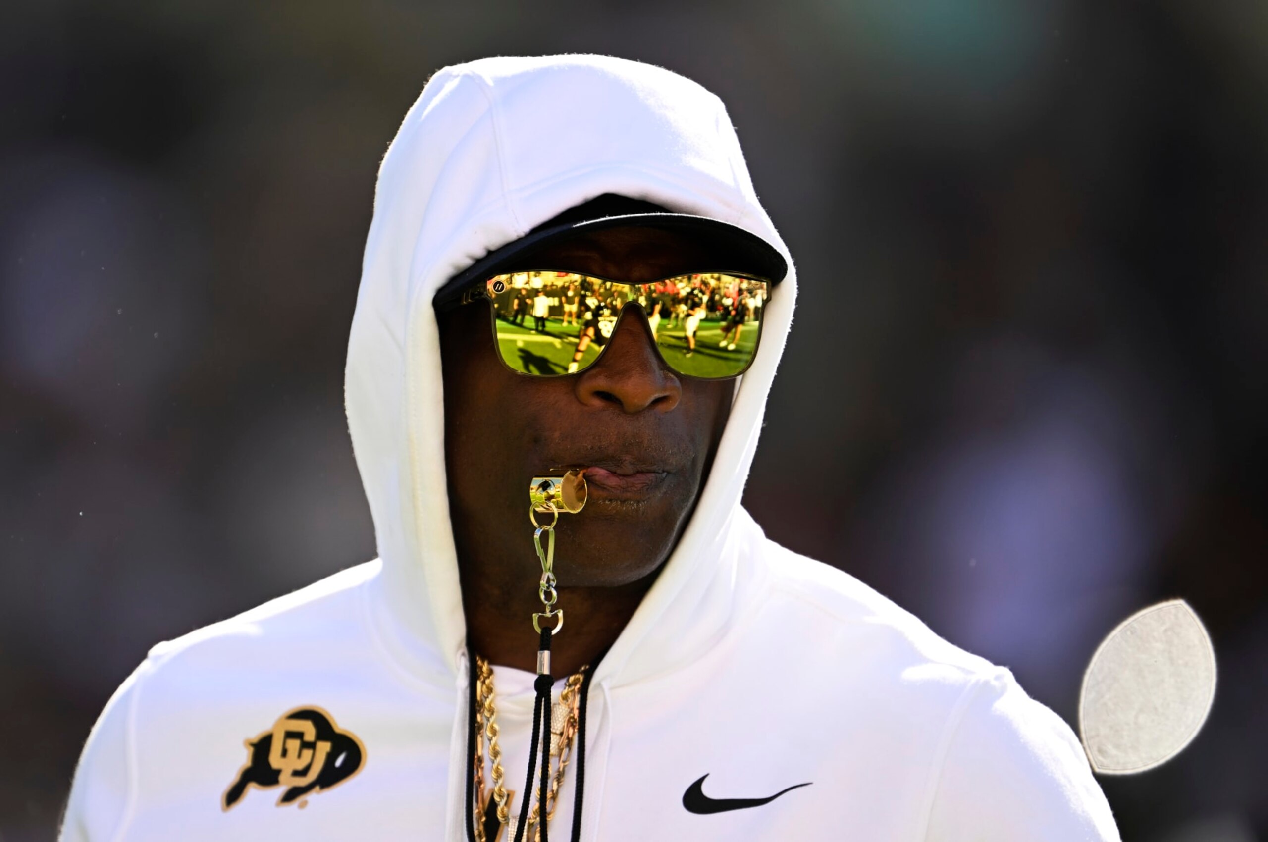 BOULDER, COLORADO - AUGUST 9: Head Coach Deion Sanders takes the field during warmups
at Folsom Field on September 9, 2023 in Boulder, Colorado. Coach Sanders will lead the Colorado Buffaloes in a matchup against their long-time rivals, the Nebraska Cornhuskers, during Coach Prime's highly anticipated home debut. (Photo by RJ Sangosti/MediaNews Group/The Denver Post via Getty Images)