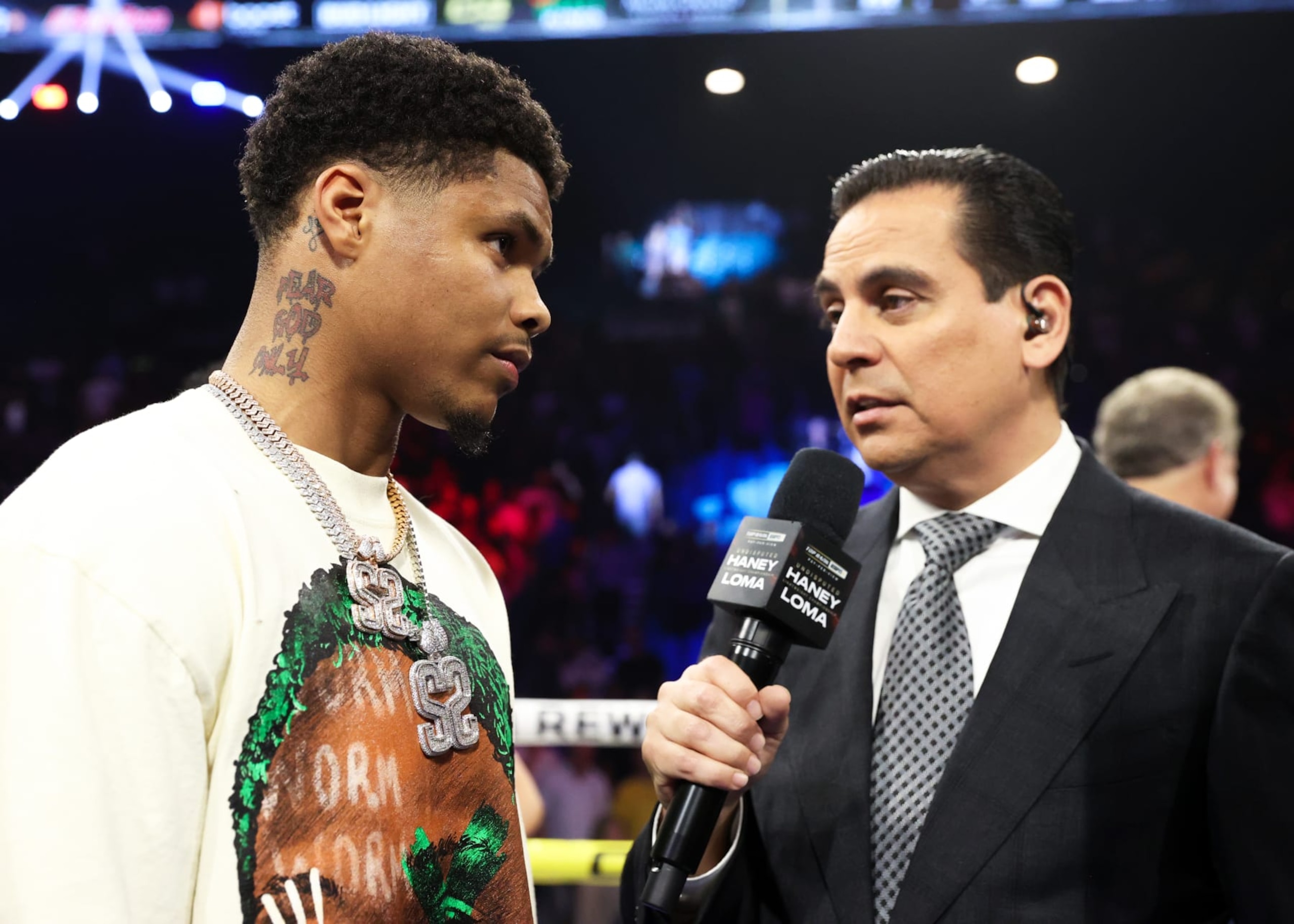 LAS VEGAS, NEVADA - MAY 20: Shakur Stevenson (L) interviewed by Bernardo Osuna (R) after the Devin Haney vs Vasiliy Lomachenko fight at MGM Grand Hotel & Casino on May 20, 2023 in Las Vegas, Nevada. (Photo by Mikey Williams/Top Rank Inc via Getty Images)