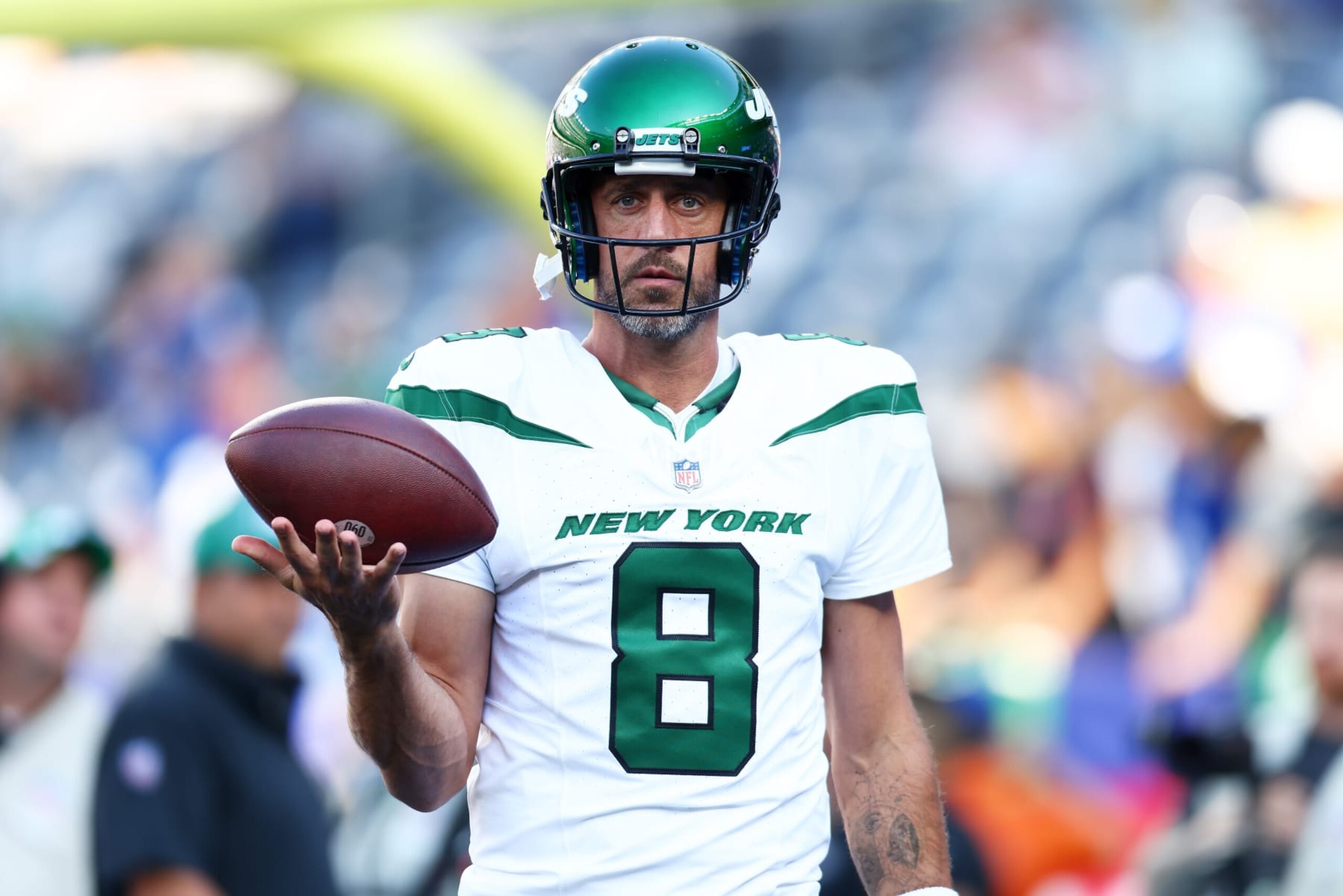 EAST RUTHERFORD, NEW JERSEY - AUGUST 26: Aaron Rodgers #8 of the New York Jets warms up prior to the game against the New York Giants at MetLife Stadium on August 26, 2023 in East Rutherford, New Jersey. (Photo by Mike Stobe/Getty Images)