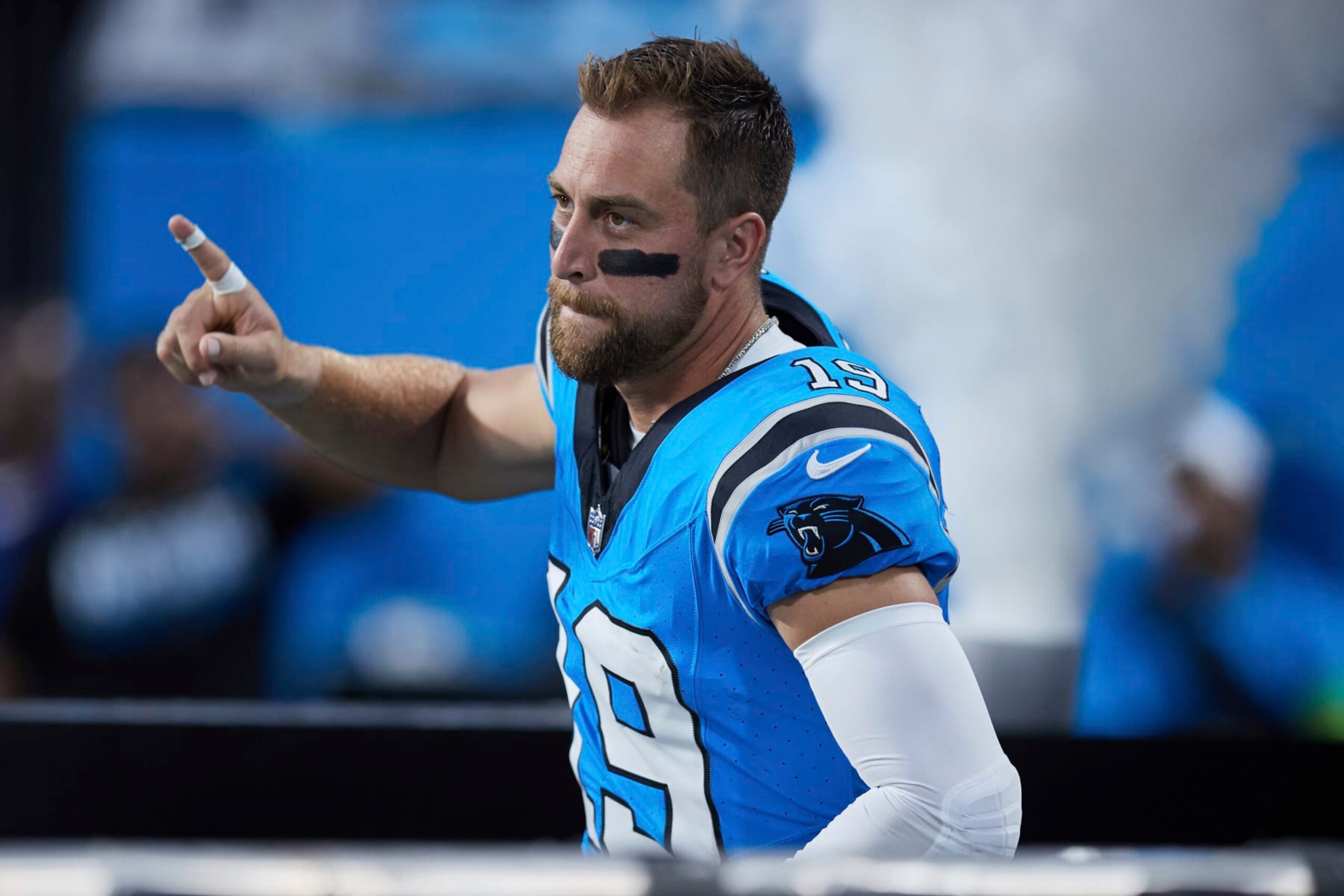 Carolina Panthers wide receiver Adam Thielen (19) takes the field during player introductions prior to an NFL preseason football game against the Detroit Lions, Friday, Aug. 25, 2023, in Charlotte, N.C. (AP Photo/Brian Westerholt)