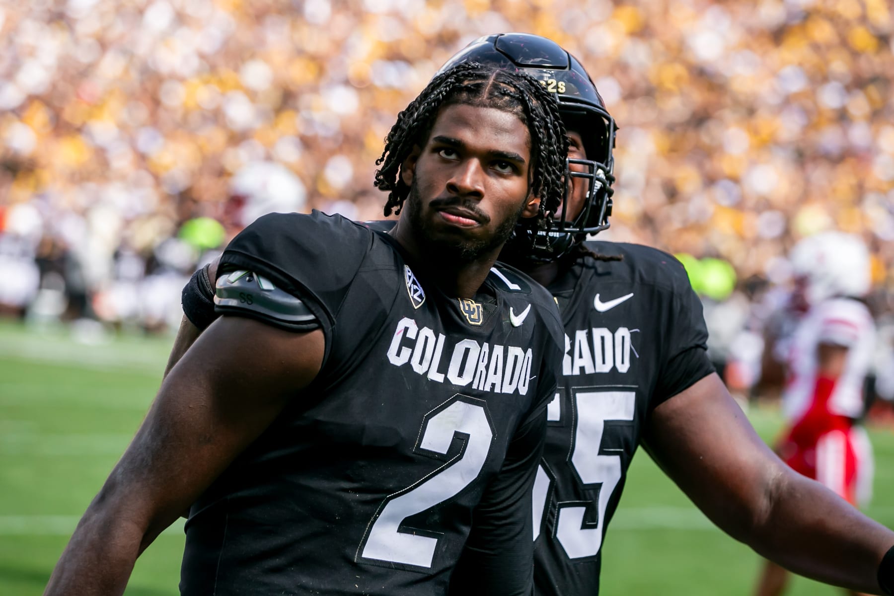 BOULDER, CO - SEPTEMBER 09: Colorado quarterback Shedeur Sanders (2) reacts to the crowd after an impact play during the home opener game between the Colorado Buffaloes and the the Nebraska Cornhuskers on Saturday, September 9, 2023 at Folsom Field in Boulder, CO.  (Photo by Nick Tre. Smith/Icon Sportswire via Getty Images)