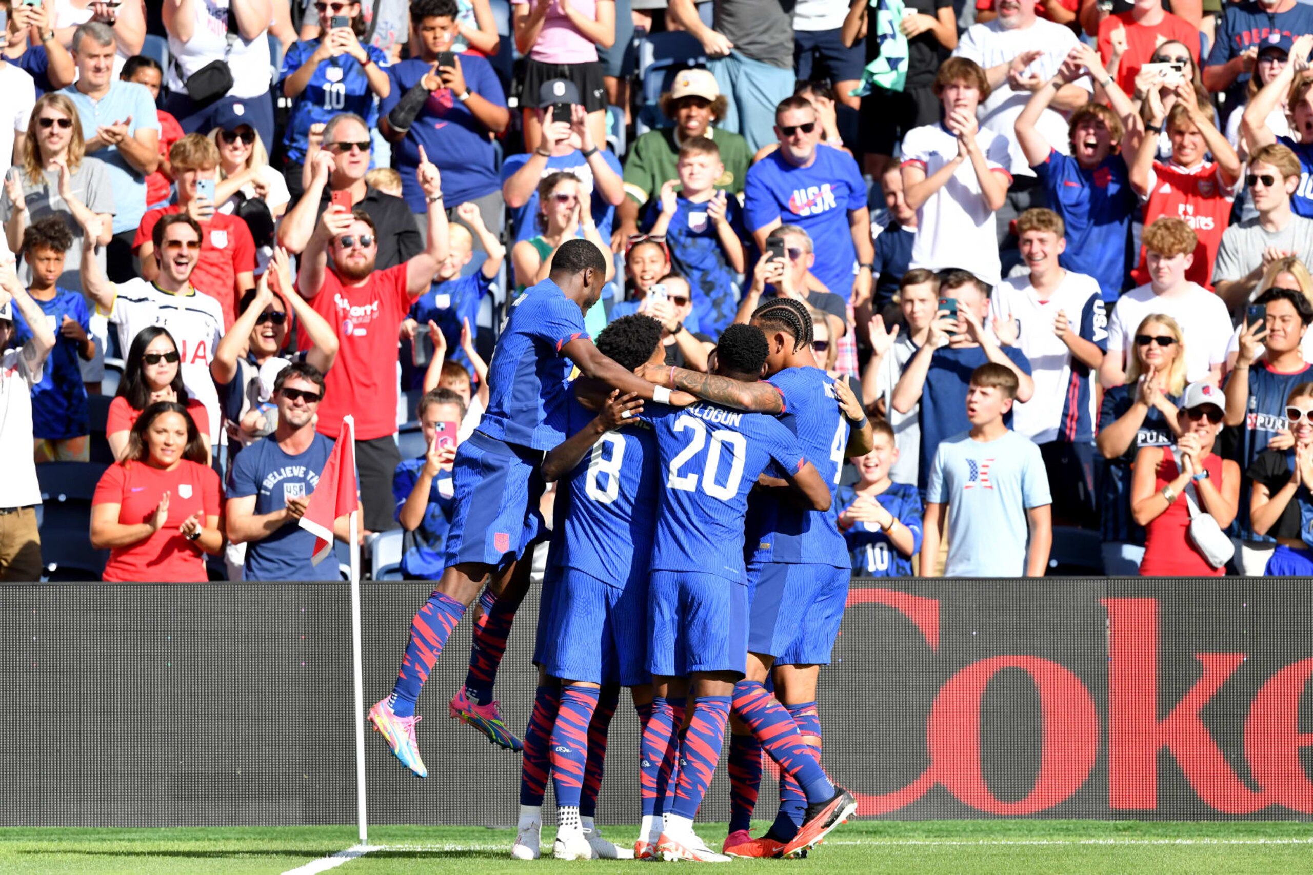 ST LOUIS, MISSOURI - SEPTEMBER 09: Tim Weah #21 of the United States celebrates scoring with teammates  during the first half of a match between Uzbekistan and the United States at CITYPARK on September 09, 2023 in St Louis, Missouri. (Photo by Bill Barrett/ISI Photos/USSF/Getty Images for USSF)