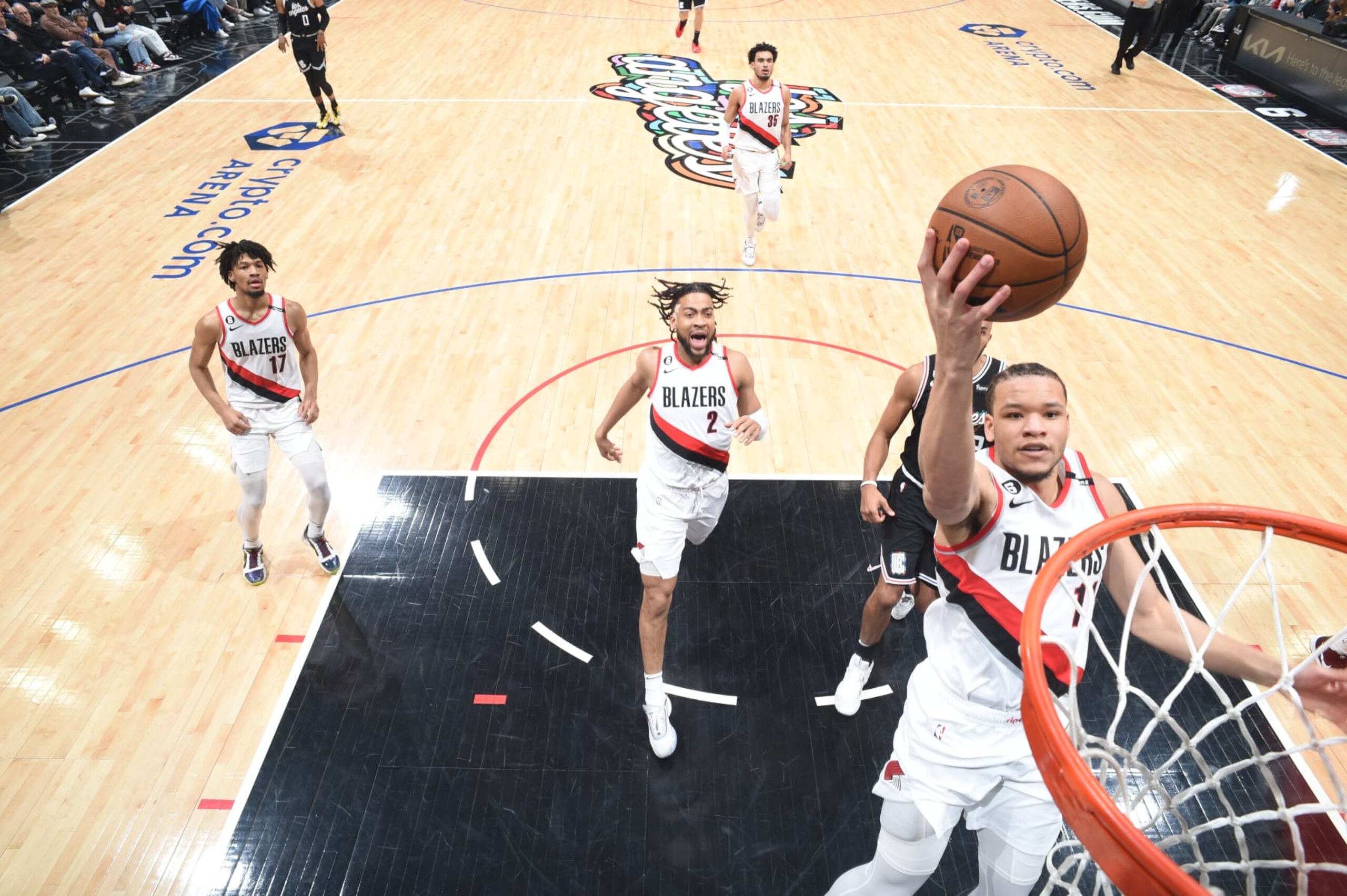 LOS ANGELES, CA - APRIL 8:  Kevin Knox #11 of the Portland Trail Blazers goes to the basket during the game on April 8, 2023 at Crypto.Com Arena in Los Angeles, California. NOTE TO USER: User expressly acknowledges and agrees that, by downloading and/or using this Photograph, user is consenting to the terms and conditions of the Getty Images License Agreement. Mandatory Copyright Notice: Copyright 2023 NBAE (Photo by Adam Pantozzi/NBAE via Getty Images)