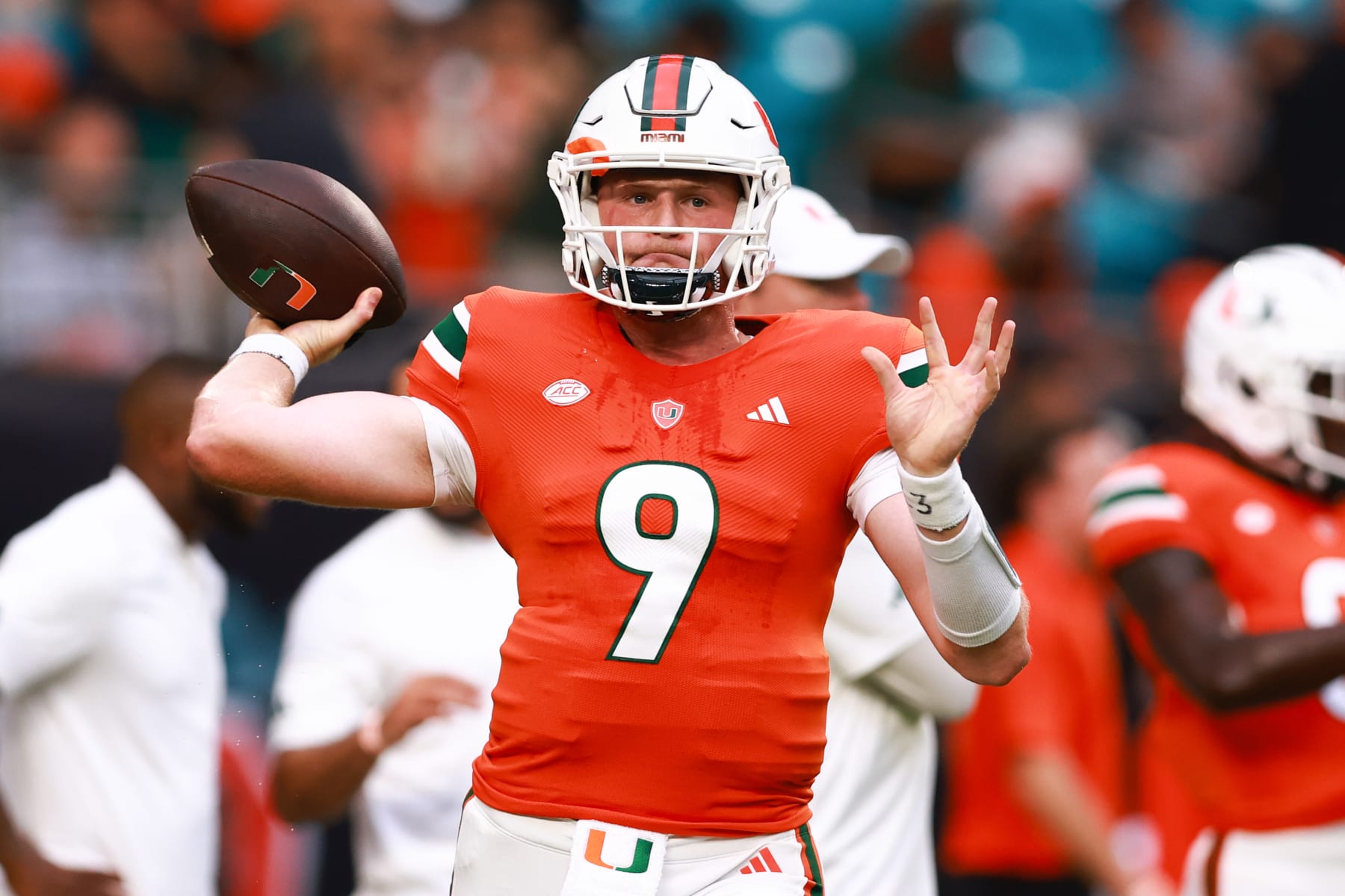 MIAMI GARDENS, FLORIDA - SEPTEMBER 01: Quarterback Tyler Van Dyke #9 of the Miami Hurricanes warms up prior to a game against the Miami (Oh) Redhawks at Hard Rock Stadium on September 01, 2023 in Miami Gardens, Florida. (Photo by Megan Briggs/Getty Images)