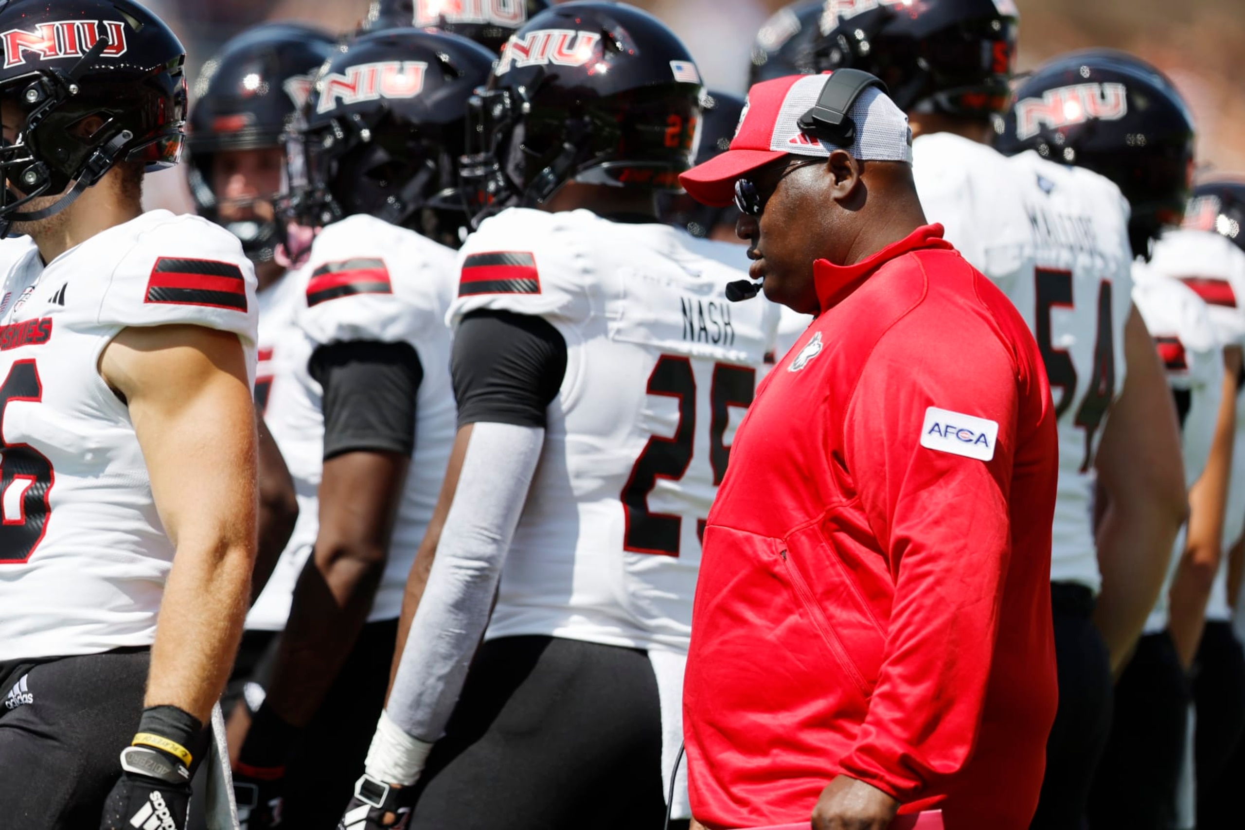 Northern Illinois head coach Thomas Hammock during the first half of an NCAA college football game against Boston College, Saturday, Sept. 2, 2023, in Boston. (AP Photo/Michael Dwyer)