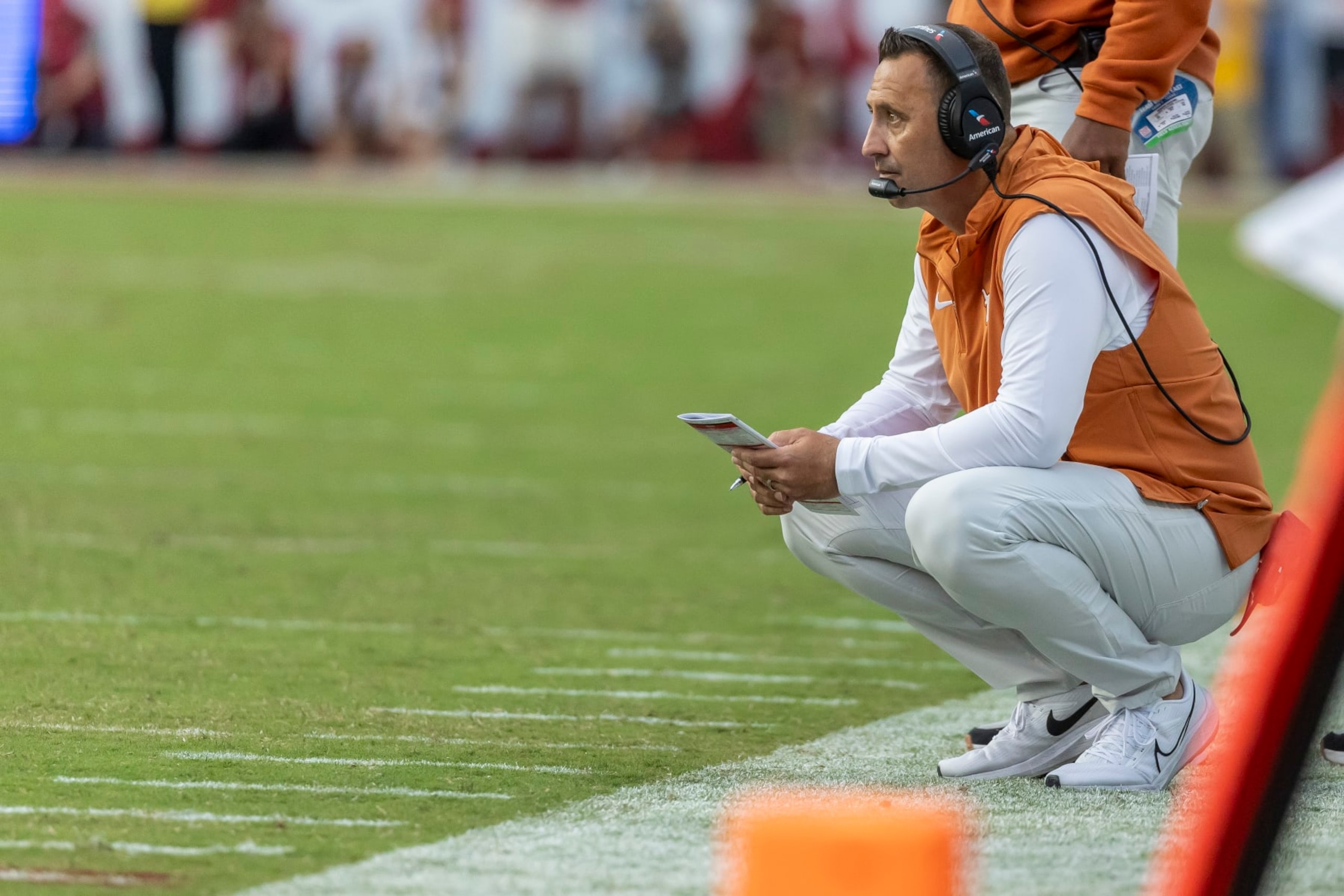 Texas head coach Steve Sarkisian tracks his team from the sidelines during the first half of an NCAA college football game against Alabama, Saturday, Sept. 9, 2023, in Tuscaloosa, Ala. (AP Photo/Vasha Hunt) Texas head coach Steve Sarkisian tracks his team from the sidelines during the first half of an NCAA college football game against Alabama, Saturday, Sept. 9, 2023, in Tuscaloosa, Ala. (AP Photo/Vasha Hunt)
