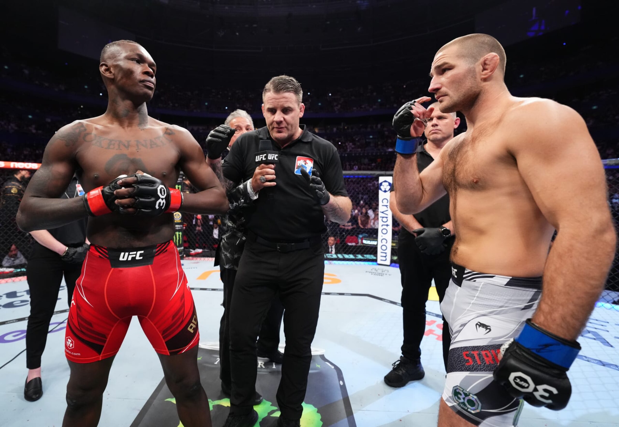 SYDNEY, AUSTRALIA - SEPTEMBER 10: (L-R) Opponents Israel Adesanya of Nigeria and Sean Strickland face off prior to the UFC middleweight championship fight during the UFC 293 event at Qudos Bank Arena on September 10, 2023 in Sydney, Australia. (Photo by Chris Unger/Zuffa LLC via Getty Images)