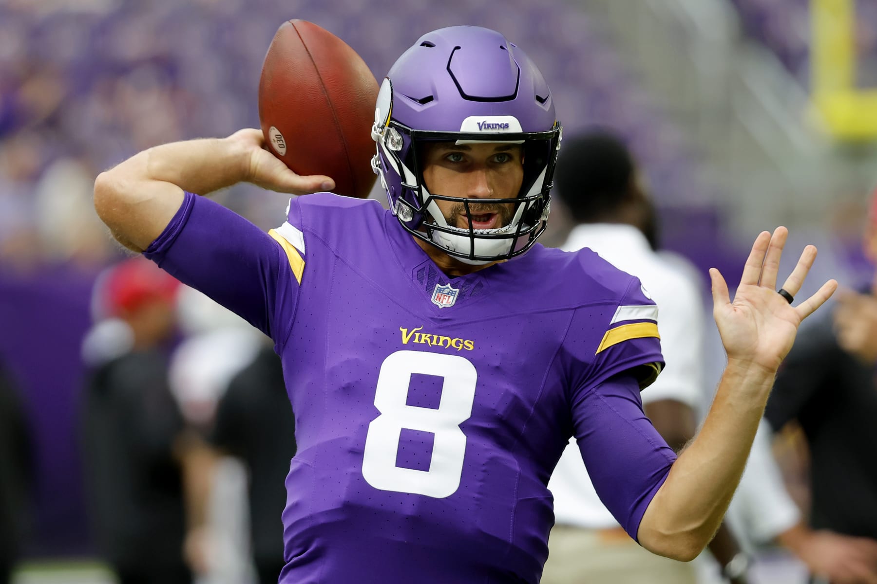 Minnesota Vikings quarterback Kirk Cousins warms up prior to an NFL preseason football game against the Arizona Cardinals, Saturday, Aug. 26, 2023, in Minneapolis. (AP Photo/Bruce Kluckhohn)
