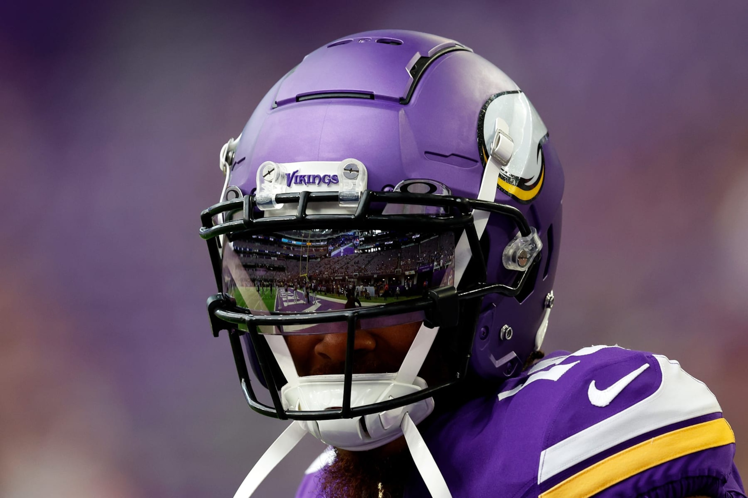 MINNEAPOLIS, MINNESOTA - AUGUST 26: Justin Jefferson #18 of the Minnesota Vikings looks on prior the start of a preseason game against the Arizona Cardinals at U.S. Bank Stadium on August 26, 2023 in Minneapolis, Minnesota. (Photo by David Berding/Getty Images)