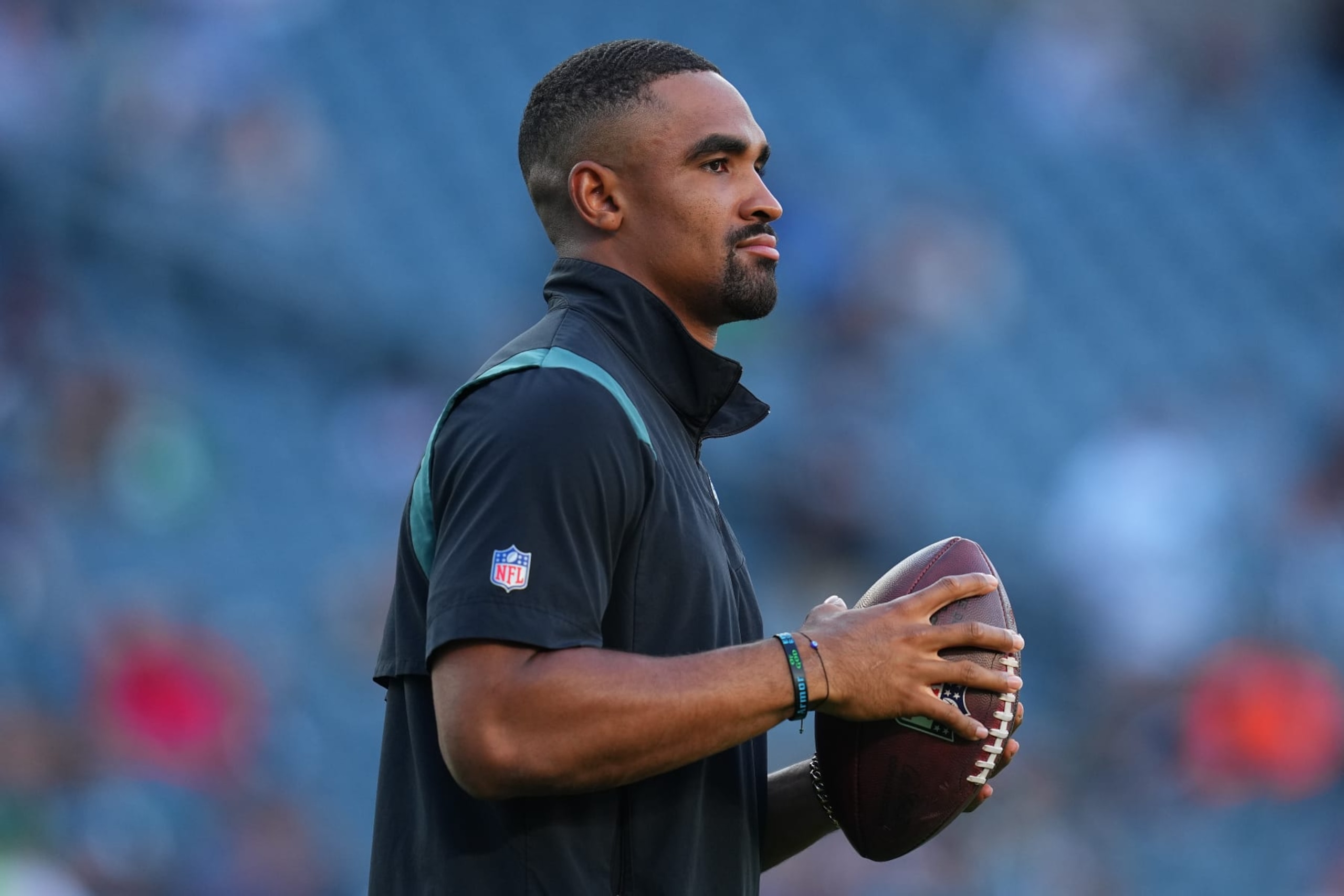 PHILADELPHIA, PENNSYLVANIA - AUGUST 17: Jalen Hurts #1 of the Philadelphia Eagles looks on prior to the preseason game against the Cleveland Browns at Lincoln Financial Field on August 17, 2023 in Philadelphia, Pennsylvania. (Photo by Mitchell Leff/Getty Images)