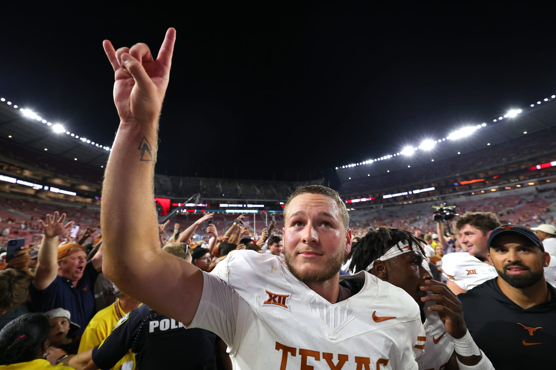 TUSCALOOSA, ALABAMA - SEPTEMBER 09: Quinn Ewers #3 of the Texas Longhorns reacts after defeating Alabama Crimson Tide 34-24 at Bryant-Denny Stadium on September 09, 2023 in Tuscaloosa, Alabama. (Photo by Kevin C. Cox/Getty Images)