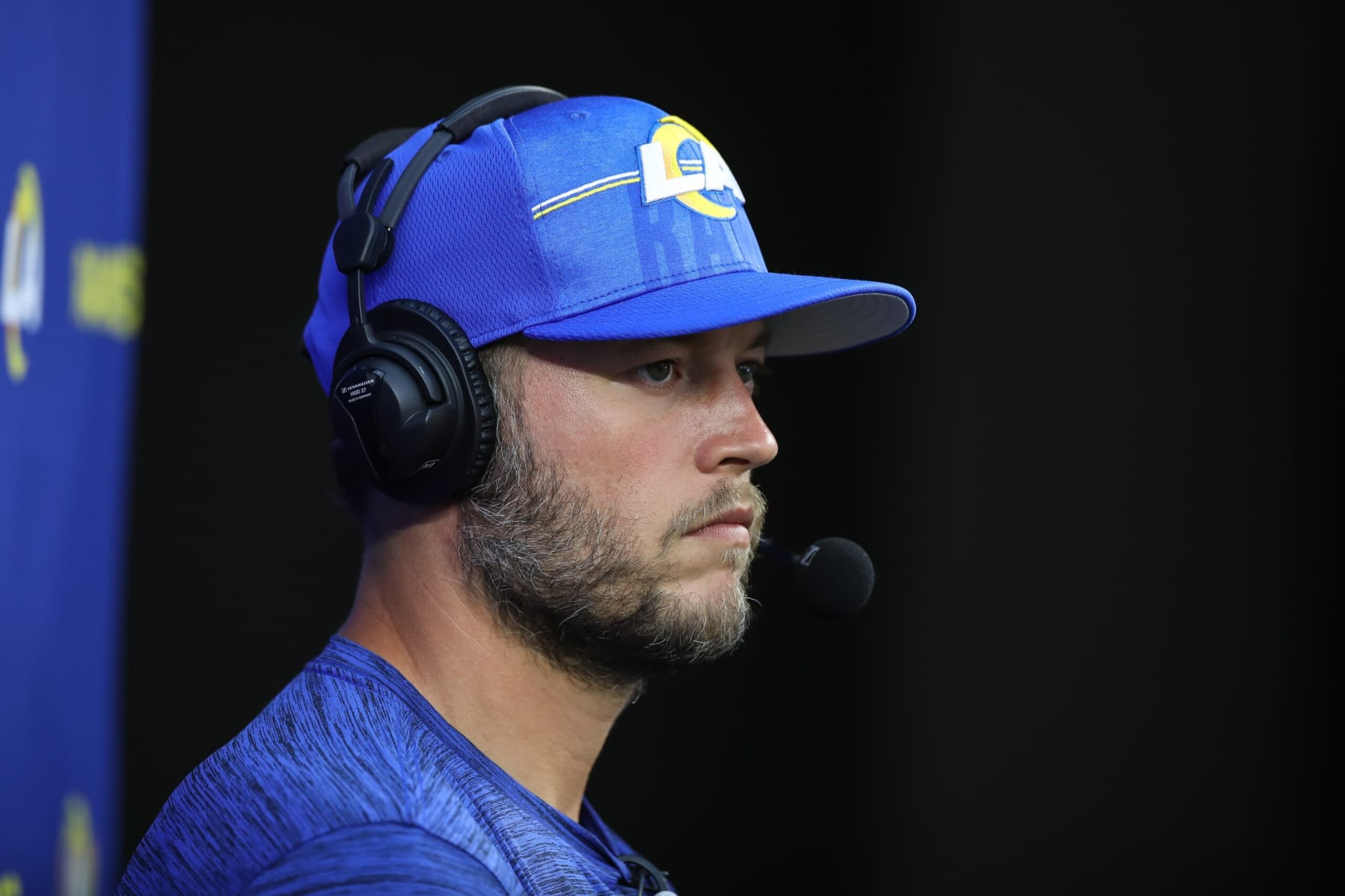 INGLEWOOD, CA - AUGUST 12: Los Angeles Rams quarterback Matthew Stafford (9) talks during the Los Angeles Chargers preseason game versus the Los Angeles Rams on August 12, 2023, at Sofi Stadium in Inglewood, CA. (Photo by Jevone Moore/Icon Sportswire via Getty Images)