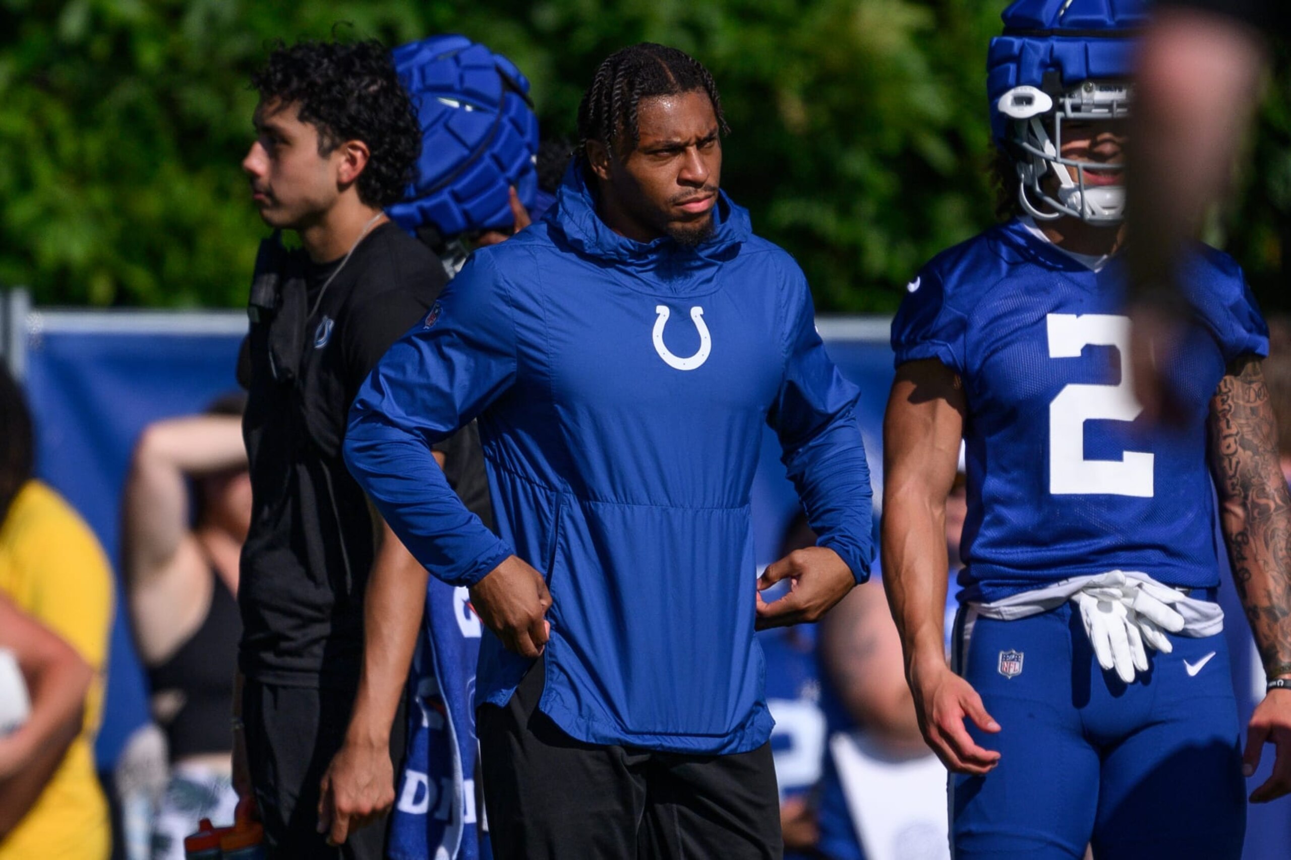 WESTFIELD, IN - JULY 29: Indianapolis Colts running back Jonathan Taylor (28) watches a drill during the Indianapolis Colts Training Camp on July 29, 2023 at the Grand Park Sports Campus in Westfield, IN. (Photo by Zach Bolinger/Icon Sportswire via Getty Images)