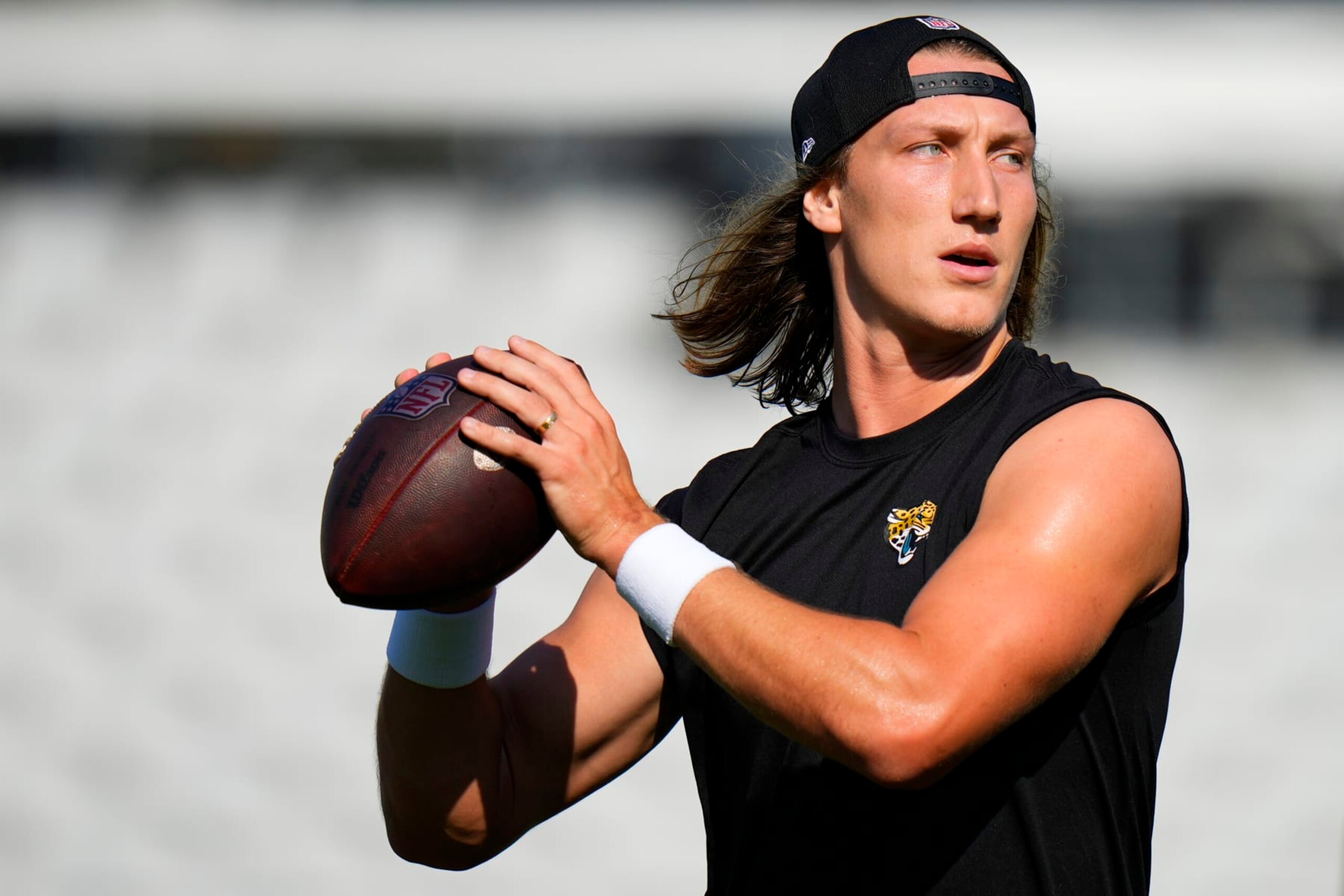 JACKSONVILLE, FLORIDA - AUGUST 26: Trevor Lawrence #16 of the Jacksonville Jaguars warms up prior to a preseason game against the Miami Dolphins at TIAA Bank Field on August 26, 2023 in Jacksonville, Florida. (Photo by Rich Storry/Getty Images) JACKSONVILLE, FLORIDA - AUGUST 26: Trevor Lawrence #16 of the Jacksonville Jaguars warms up prior to a preseason game against the Miami Dolphins at TIAA Bank Field on August 26, 2023 in Jacksonville, Florida. (Photo by Rich Storry/Getty Images)
