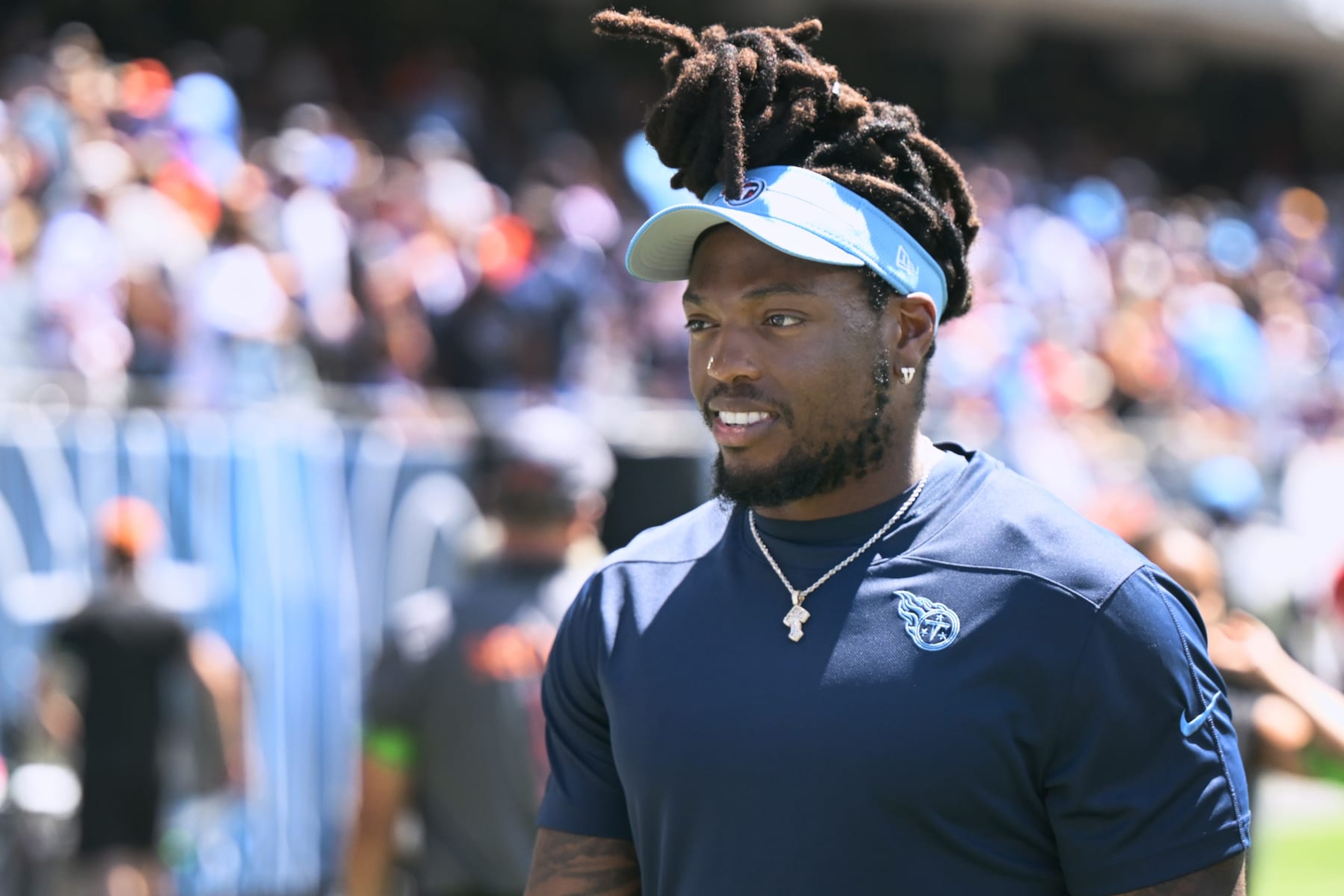 CHICAGO, ILLINOIS - AUGUST 12: Derrick Henry #22 of the Tennessee Titans in the second half against the Chicago Bears during a preseason game at Soldier Field on August 12, 2023 in Chicago, Illinois. (Photo by Quinn Harris/Getty Images) CHICAGO, ILLINOIS - AUGUST 12: Derrick Henry #22 of the Tennessee Titans in the second half against the Chicago Bears during a preseason game at Soldier Field on August 12, 2023 in Chicago, Illinois. (Photo by Quinn Harris/Getty Images)