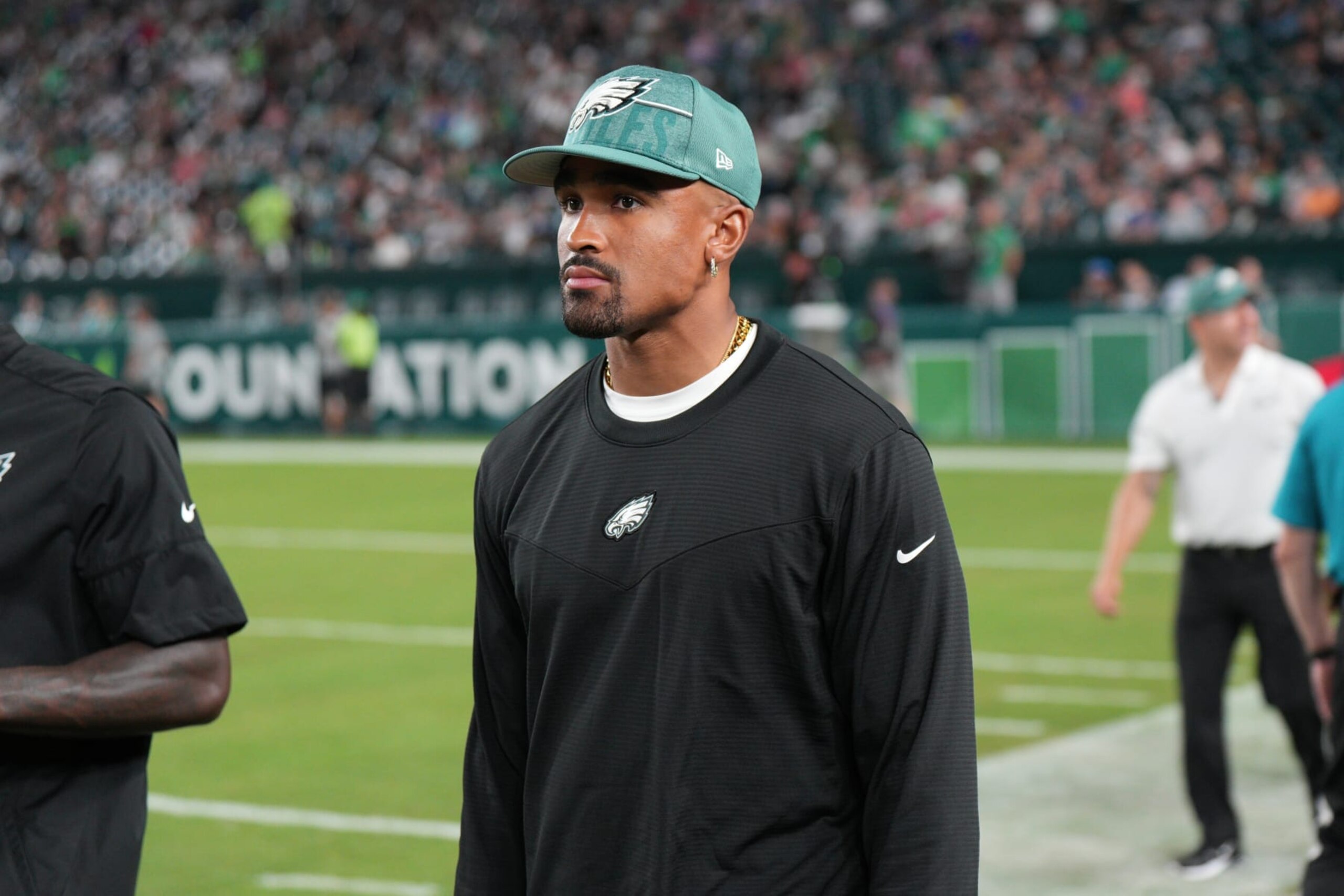 PHILADELPHIA, PA - AUGUST 24: Philadelphia Eagles quarterback Jalen Hurts (1) looks on during the Preseason game between the Indianapolis Colts and the Philadelphia Eagles on August 24, 2023, at Lincoln Financial Field, in Philadelphia, PA. (Photo by Andy Lewis/Icon Sportswire via Getty Images) PHILADELPHIA, PA - AUGUST 24: Philadelphia Eagles quarterback Jalen Hurts (1) looks on during the Preseason game between the Indianapolis Colts and the Philadelphia Eagles on August 24, 2023, at Lincoln Financial Field, in Philadelphia, PA. (Photo by Andy Lewis/Icon Sportswire via Getty Images)