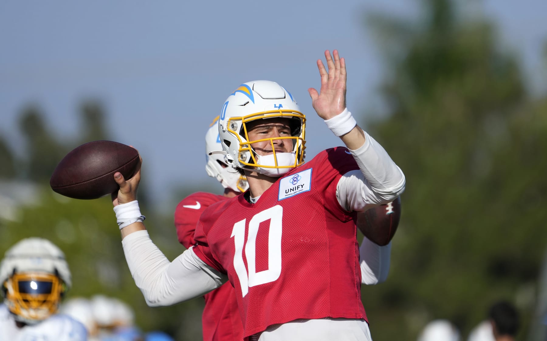 COSTA MESA, CALIFORNIA - AUGUST 6: Quarterback Justin Herbert #10 of the Los Angeles Chargers duding training camp at Jack Hammett Sports Complex on August 6, 2023 in Costa Mesa, California. (Photo by Kevork Djansezian/Getty Images)