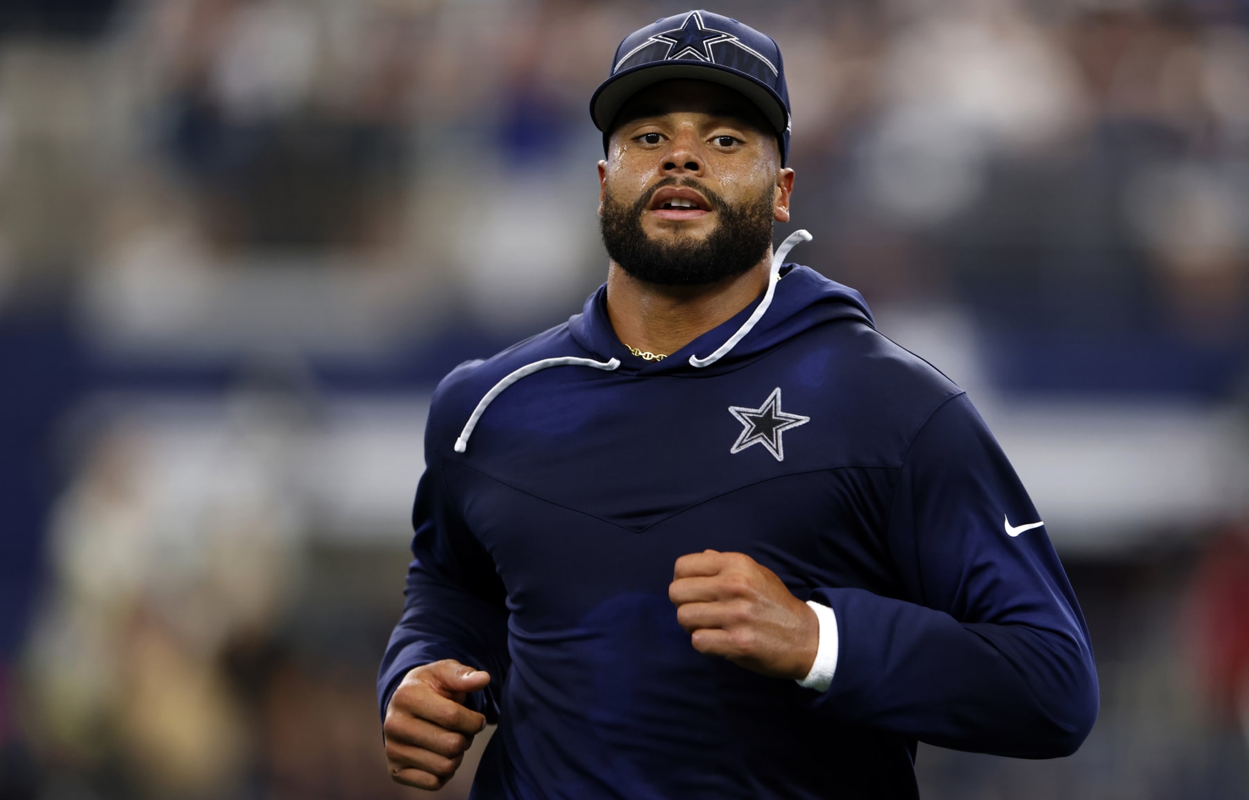 ARLINGTON, TX - AUGUST 26: Dak Prescott #4 of the Dallas Cowboys warms up before a preseason game against the Las Vegas Raiders at AT&T Stadium on August 26, 2023 in Arlington, Texas. (Photo by Ron Jenkins/Getty Images)