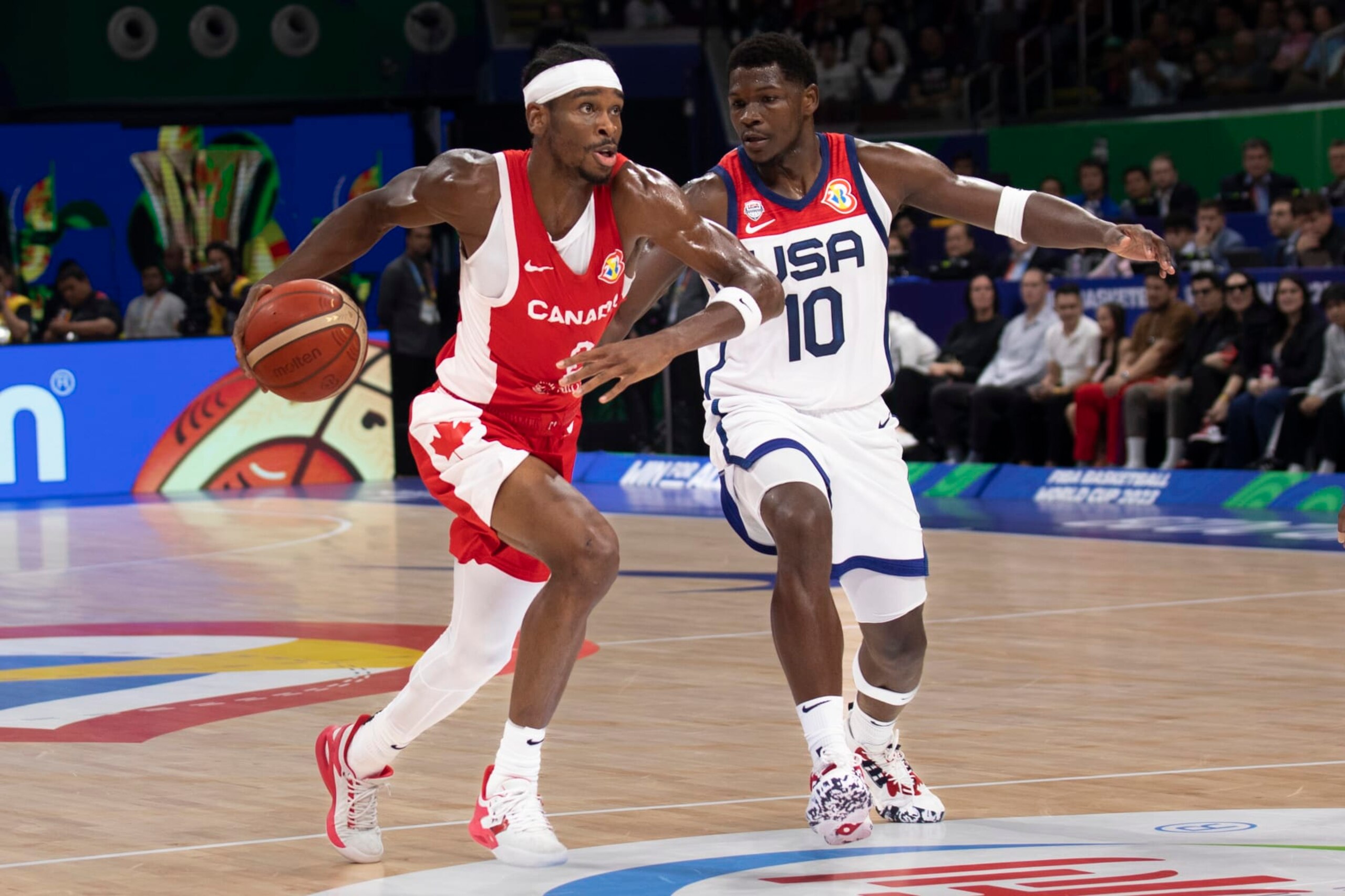 MANILA, PHILIPPINES - SEPTEMBER 10: Anthony Edwards of USA and Shai Gilgeous-Alexander of Canada during the FIBA Basketball World Cup 3rd Place game between USA and Canada at Mall of Asia Arena on September 10, 2023 in Manila, Philippines. (Photo by Ariana Saigh/Getty Images)