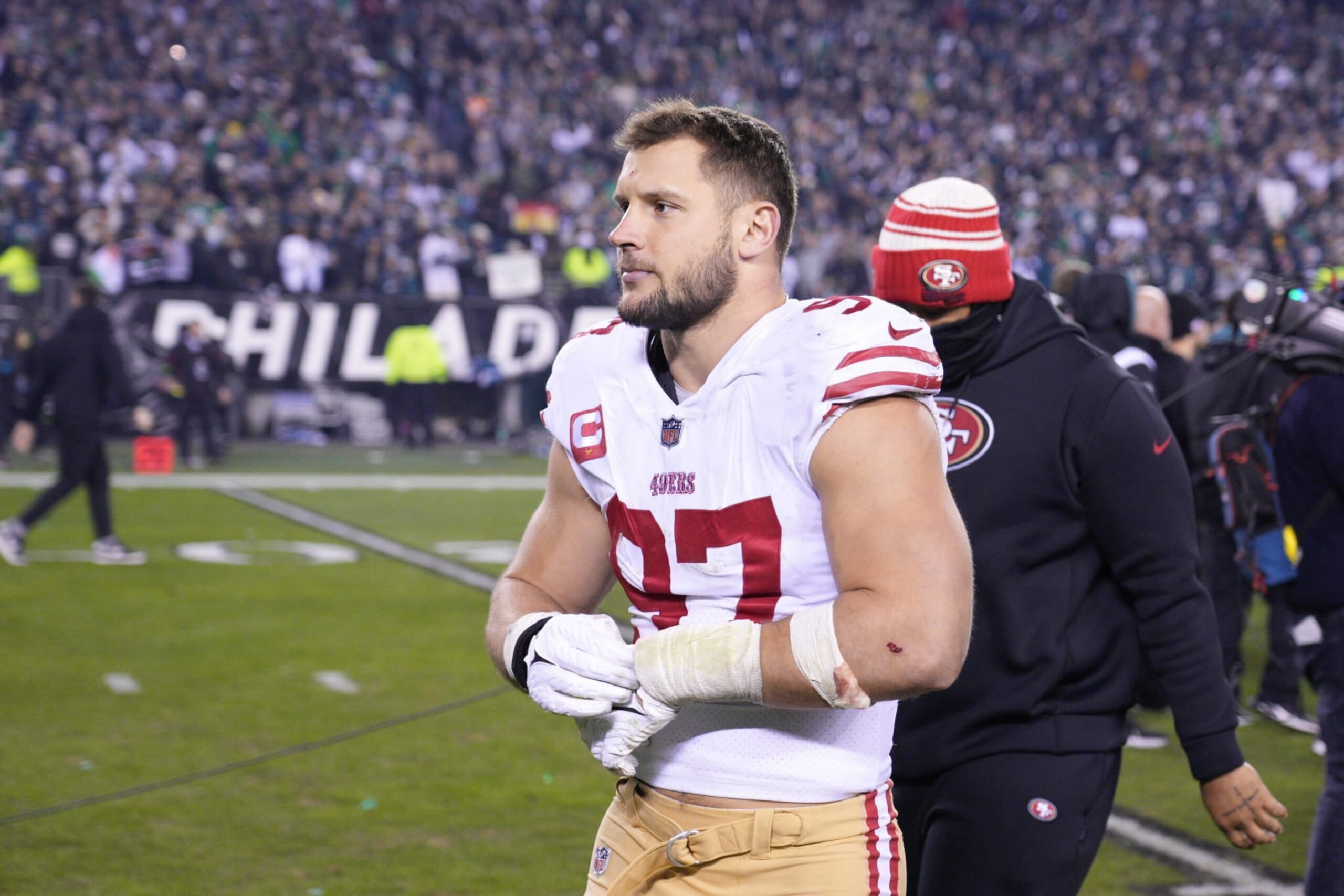 PHILADELPHIA, PA - JANUARY 29: San Francisco 49ers defensive end Nick Bosa (97) looks on during the Championship game between the San Fransisco 49ers and the Philadelphia Eagles on January 29, 2023. (Photo by Andy Lewis/Icon Sportswire via Getty Images) PHILADELPHIA, PA - JANUARY 29: San Francisco 49ers defensive end Nick Bosa (97) looks on during the Championship game between the San Fransisco 49ers and the Philadelphia Eagles on January 29, 2023. (Photo by Andy Lewis/Icon Sportswire via Getty Images)