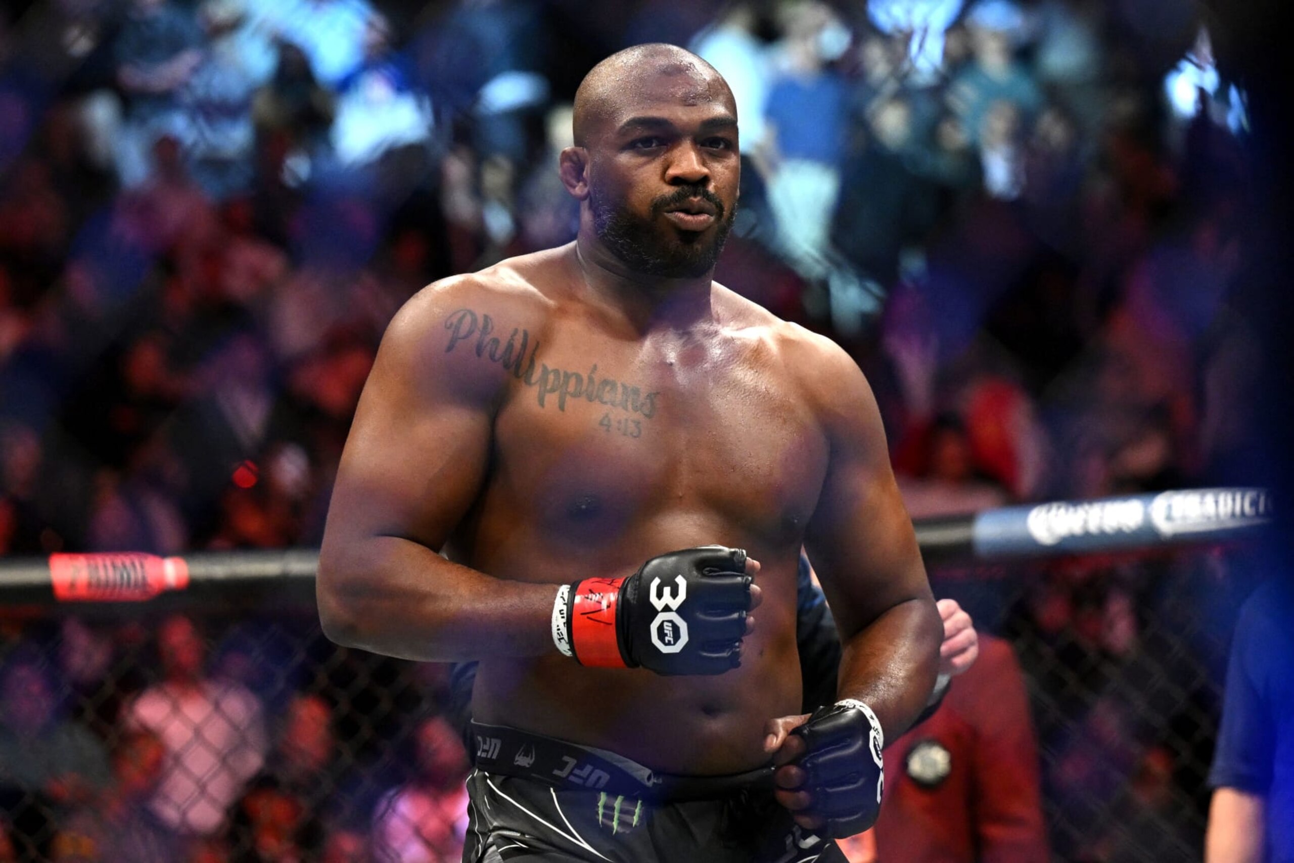 US mixed martial arts fighter Jon Jones celebrates after defeating French mixed martial arts fighter Ciryl Gane during their UFC 285 heavyweight title bout at T-Mobile Arena, in Las Vegas, Nevada, on March 4, 2023. (Photo by Patrick T. Fallon / AFP) (Photo by PATRICK T. FALLON/AFP via Getty Images)