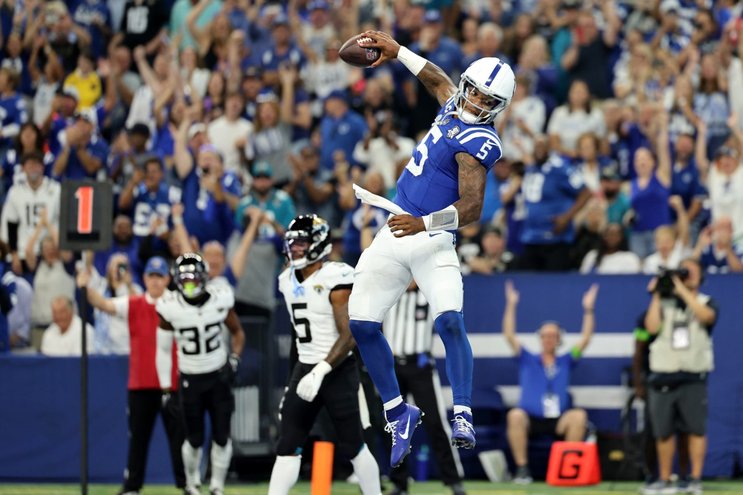 INDIANAPOLIS, INDIANA - SEPTEMBER 10: Anthony Richardson #5 of the Indianapolis Colts spikes the football after running for a touchdown in the second quarter of a game against the Jacksonville Jaguars at Lucas Oil Stadium on September 10, 2023 in Indianapolis, Indiana. (Photo by Michael Hickey/Getty Images)
