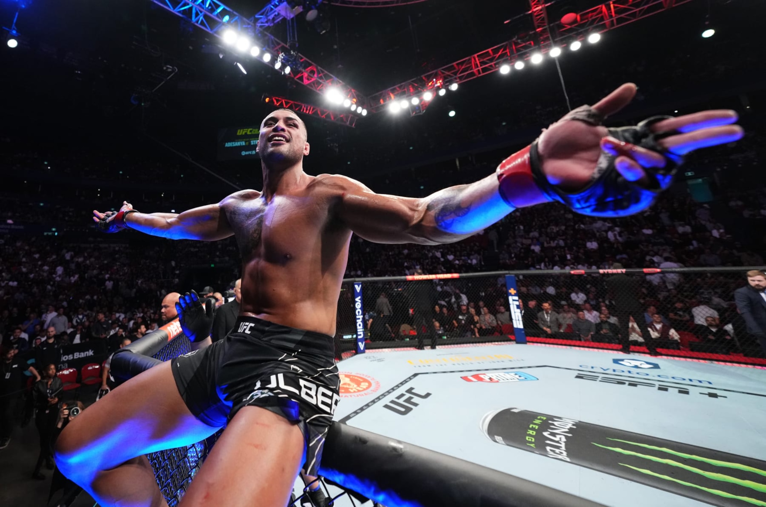 SYDNEY, AUSTRALIA - SEPTEMBER 10: Carlos Ulberg of New Zealand reacts after his victory over Da Woon Jung of South Korea in a light heavyweight fight during the UFC 293 event at Qudos Bank Arena on September 10, 2023 in Sydney, Australia. (Photo by Chris Unger/Zuffa LLC via Getty Images)