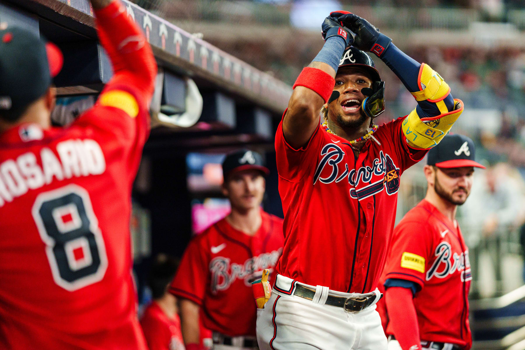 ATLANTA, GA - SEPTEMBER 8: Ronald Acuna Jr. #13 of the Atlanta Braves celebrates after hitting a home run in the fourth inning during the game against the Pittsburgh Pirates at Truist Park on September 8, 2023 in Atlanta, Georgia. (Photo by Matthew Grimes Jr./Atlanta Braves/Getty Images)