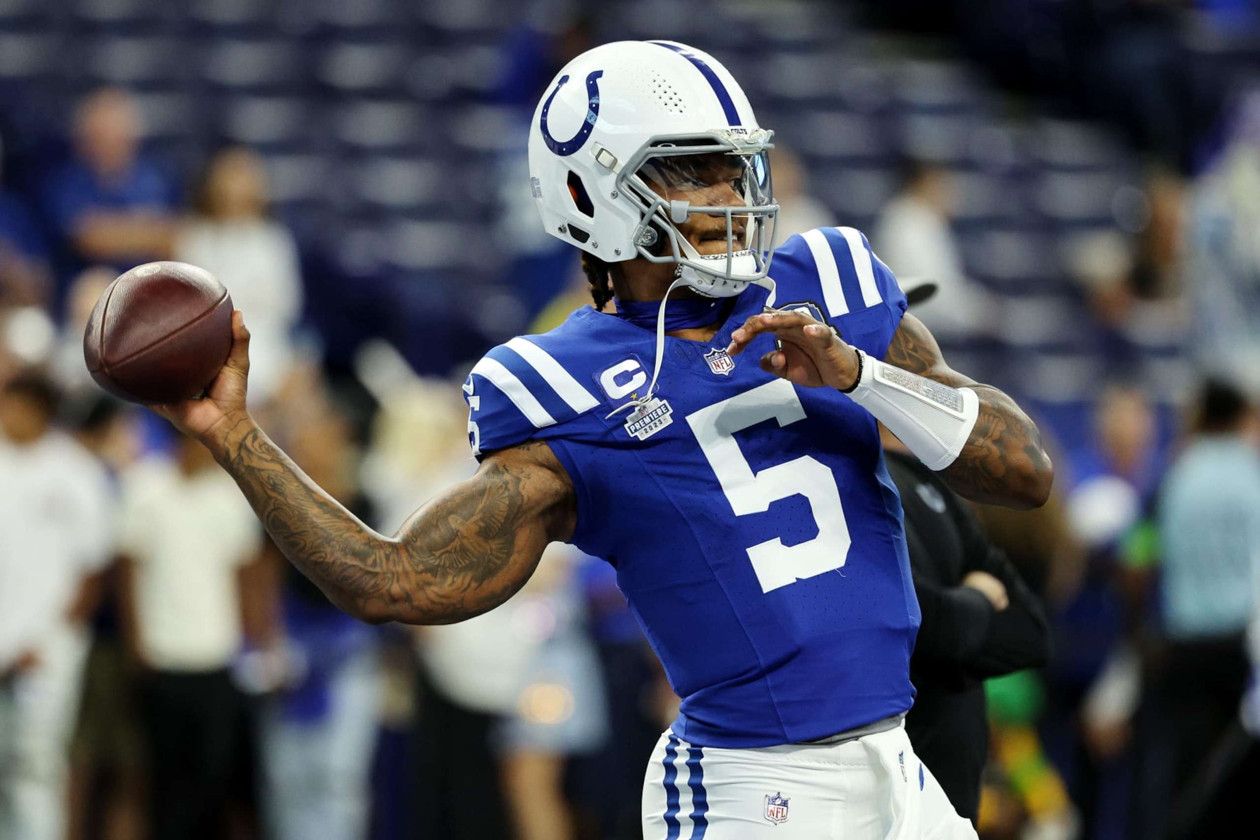 INDIANAPOLIS, INDIANA - SEPTEMBER 10: Anthony Richardson #5 of the Indianapolis Colts warms up prior to a game against the Jacksonville Jaguars at Lucas Oil Stadium on September 10, 2023 in Indianapolis, Indiana. (Photo by Michael Hickey/Getty Images)