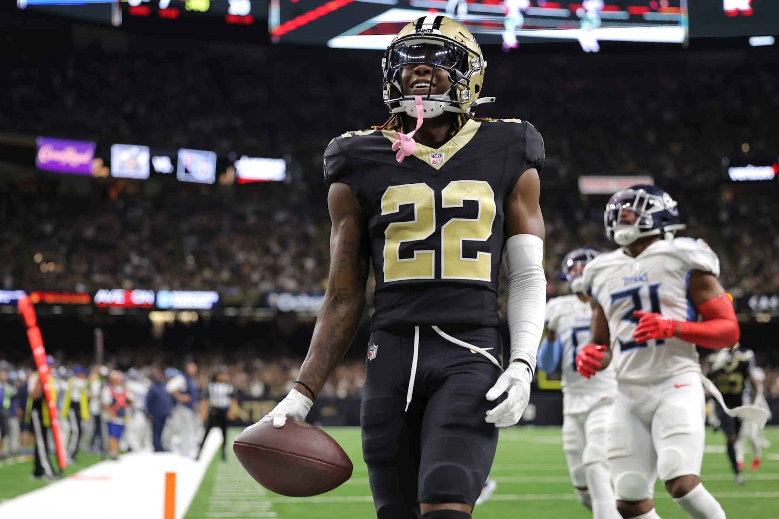 NEW ORLEANS, LOUISIANA - SEPTEMBER 10: Rashid Shaheed #22 of the New Orleans Saints celebrates after scoring a touchdown during the third quarter against the Tennessee Titans at Caesars Superdome on September 10, 2023 in New Orleans, Louisiana. (Photo by Jonathan Bachman/Getty Images)