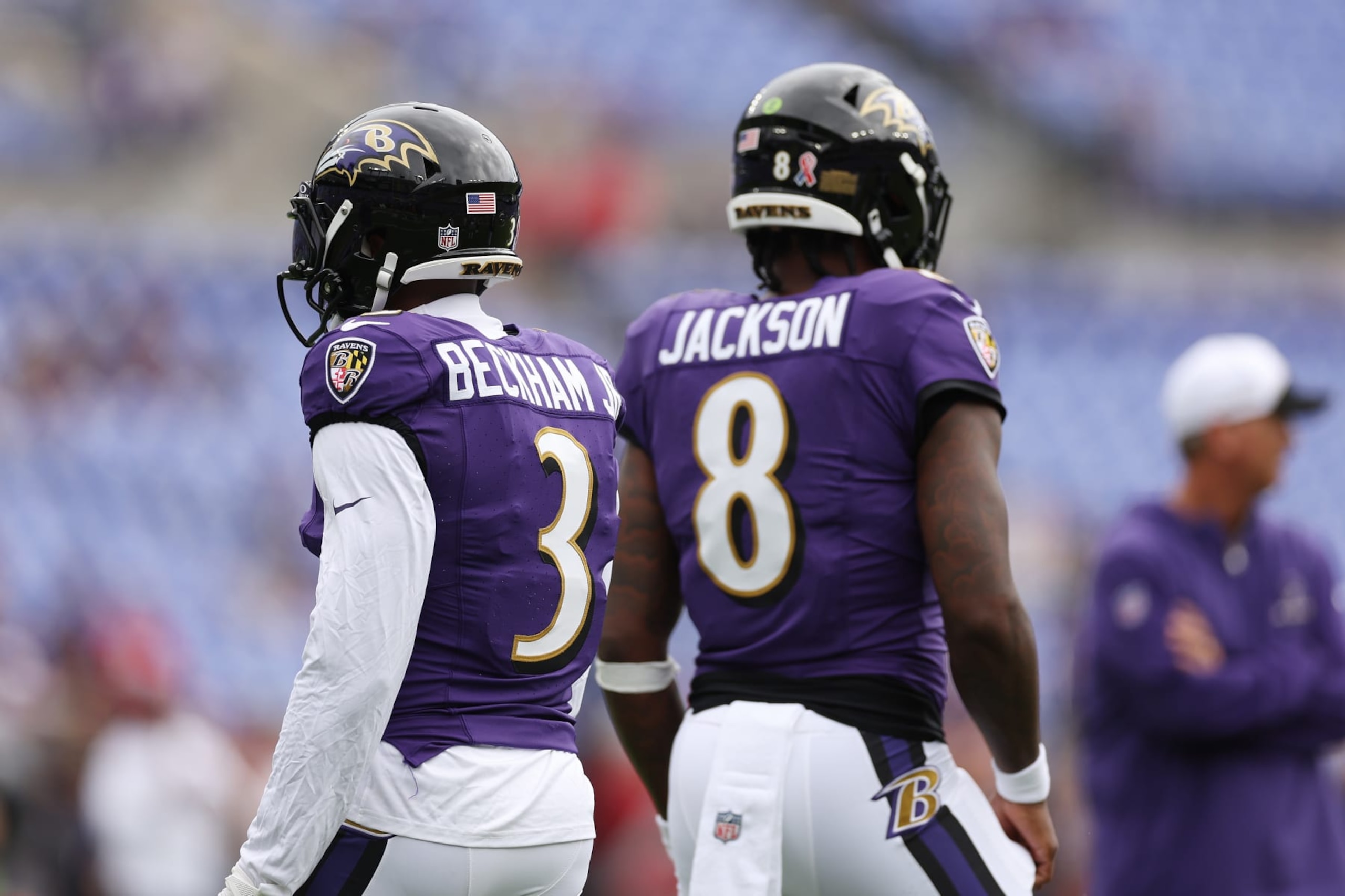 BALTIMORE, MARYLAND - SEPTEMBER 10: Odell Beckham Jr. #3 and Lamar Jackson #8 of the Baltimore Ravens warm up prior to the game against the Houston Texans at M&T Bank Stadium on September 10, 2023 in Baltimore, Maryland. (Photo by Patrick Smith/Getty Images) BALTIMORE, MARYLAND - SEPTEMBER 10: Odell Beckham Jr. #3 and Lamar Jackson #8 of the Baltimore Ravens warm up prior to the game against the Houston Texans at M&T Bank Stadium on September 10, 2023 in Baltimore, Maryland. (Photo by Patrick Smith/Getty Images)