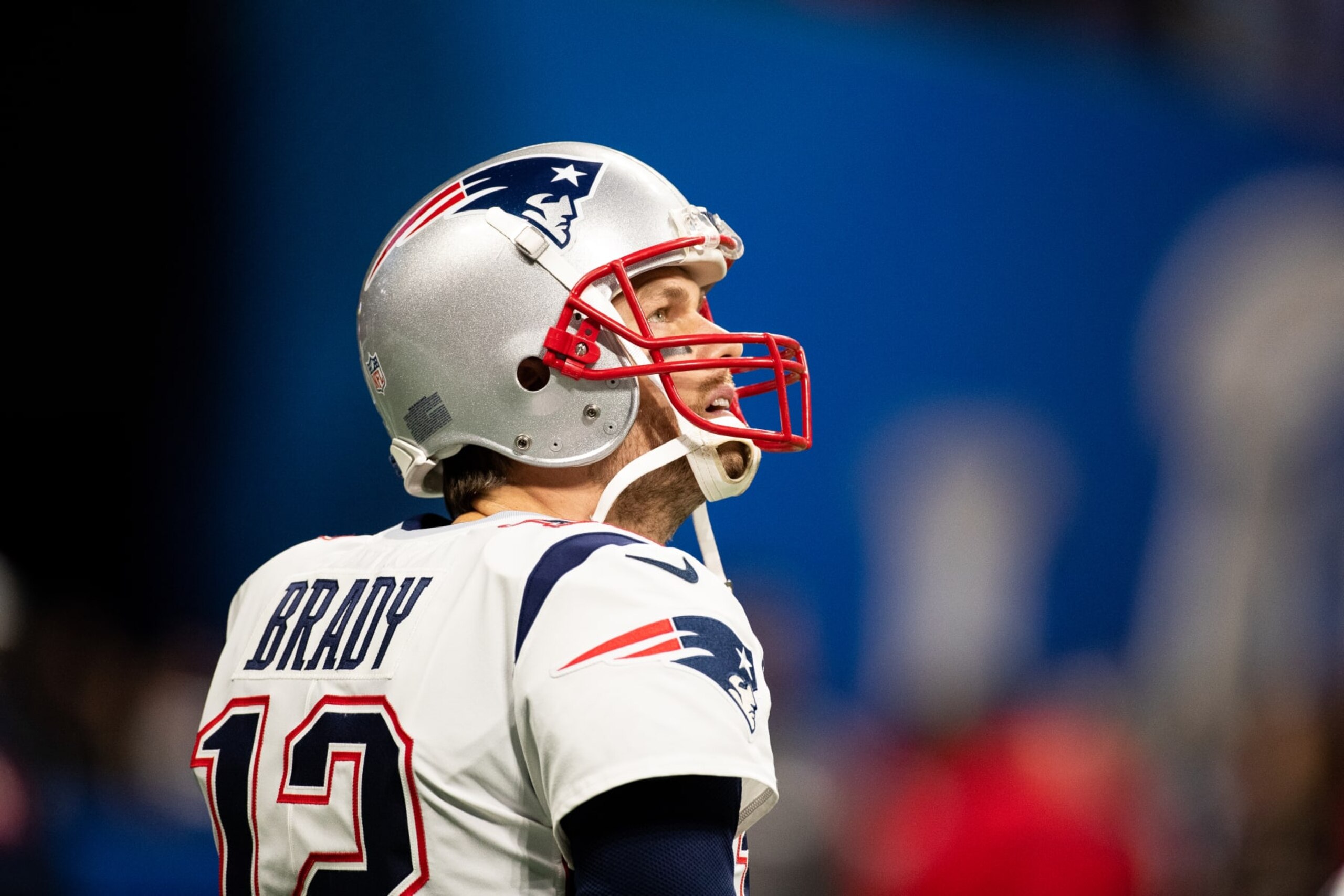 ATLANTA, USA - FEBRUARY 03: Tom Brady quarterback for the New England Patriots before the start of Super Bowl LIII at Mercedes-Benz Stadium on February 03, 2019 in Atlanta, Georgia.  The New England Patriots defeated the Los Angeles Rams by the score of 13-03.  (Photo by Simon Bruty/Anychance/Getty Images)