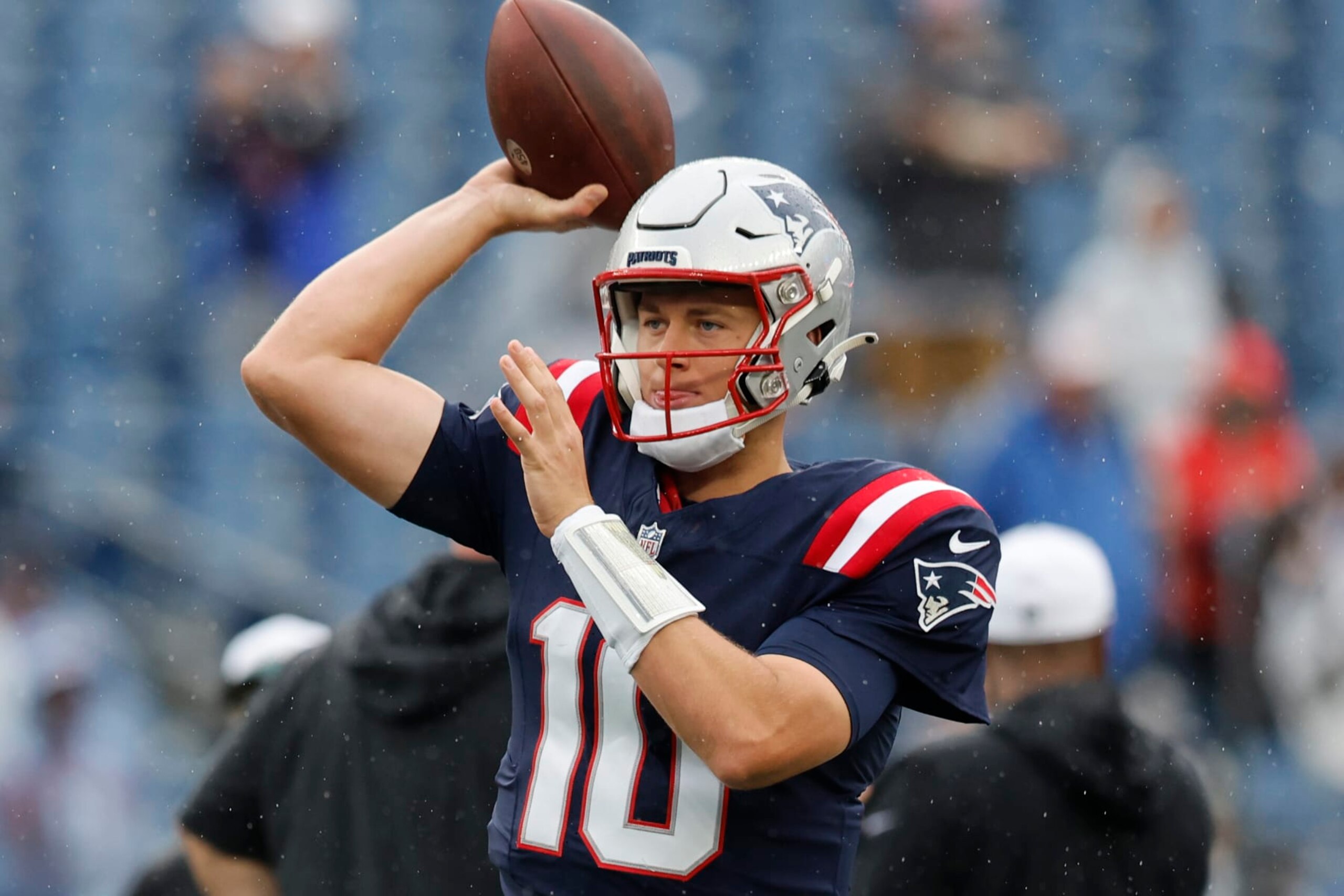 New England Patriots quarterback Mac Jones (10) passes prior to an NFL football game against the Philadelphia Eagles, Sunday, Sept. 10, 2023, in Foxborough, Mass. (AP Photo/Michael Dwyer)